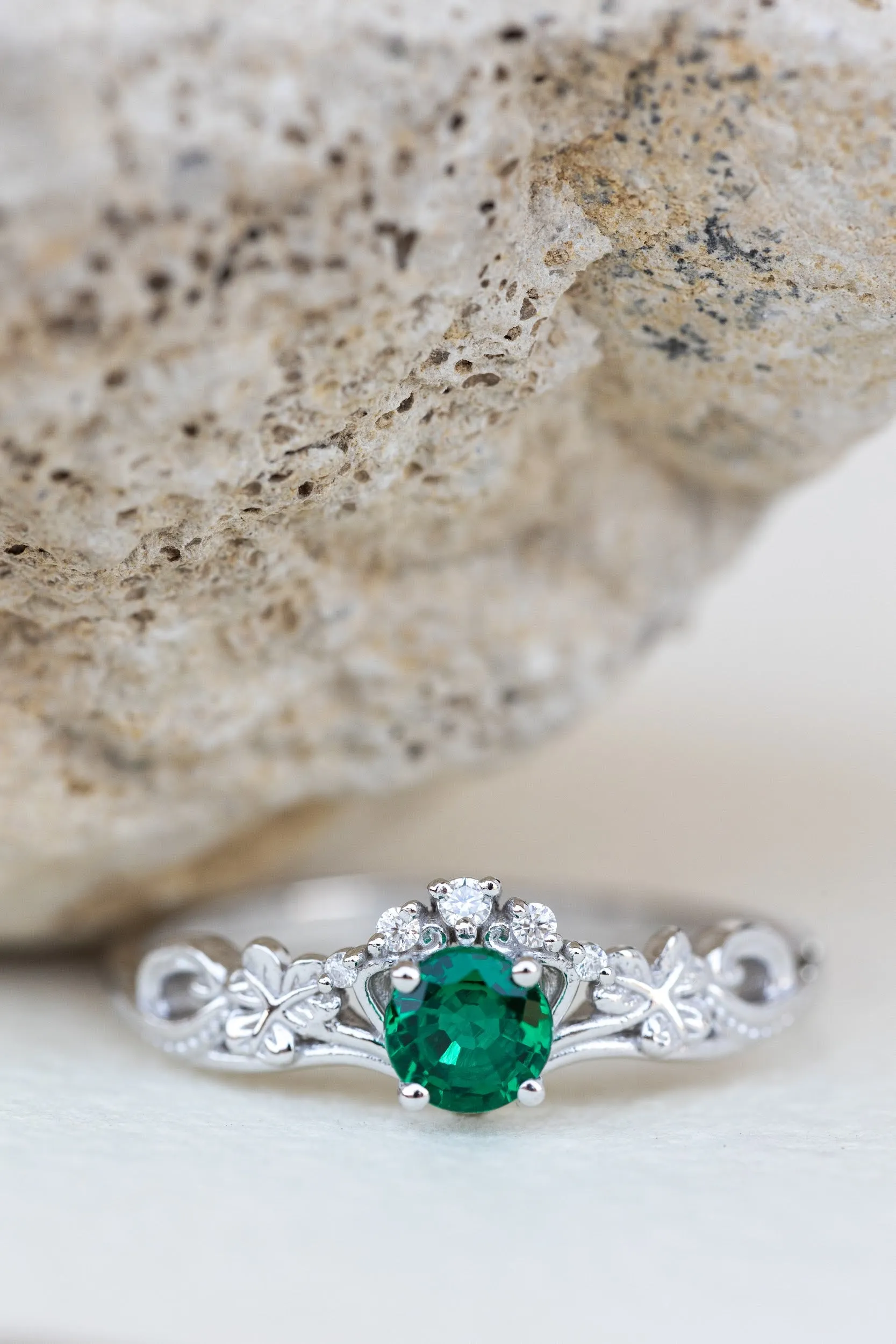 Lab emerald engagement ring set, white gold clover leaves bridal ring set / Horta