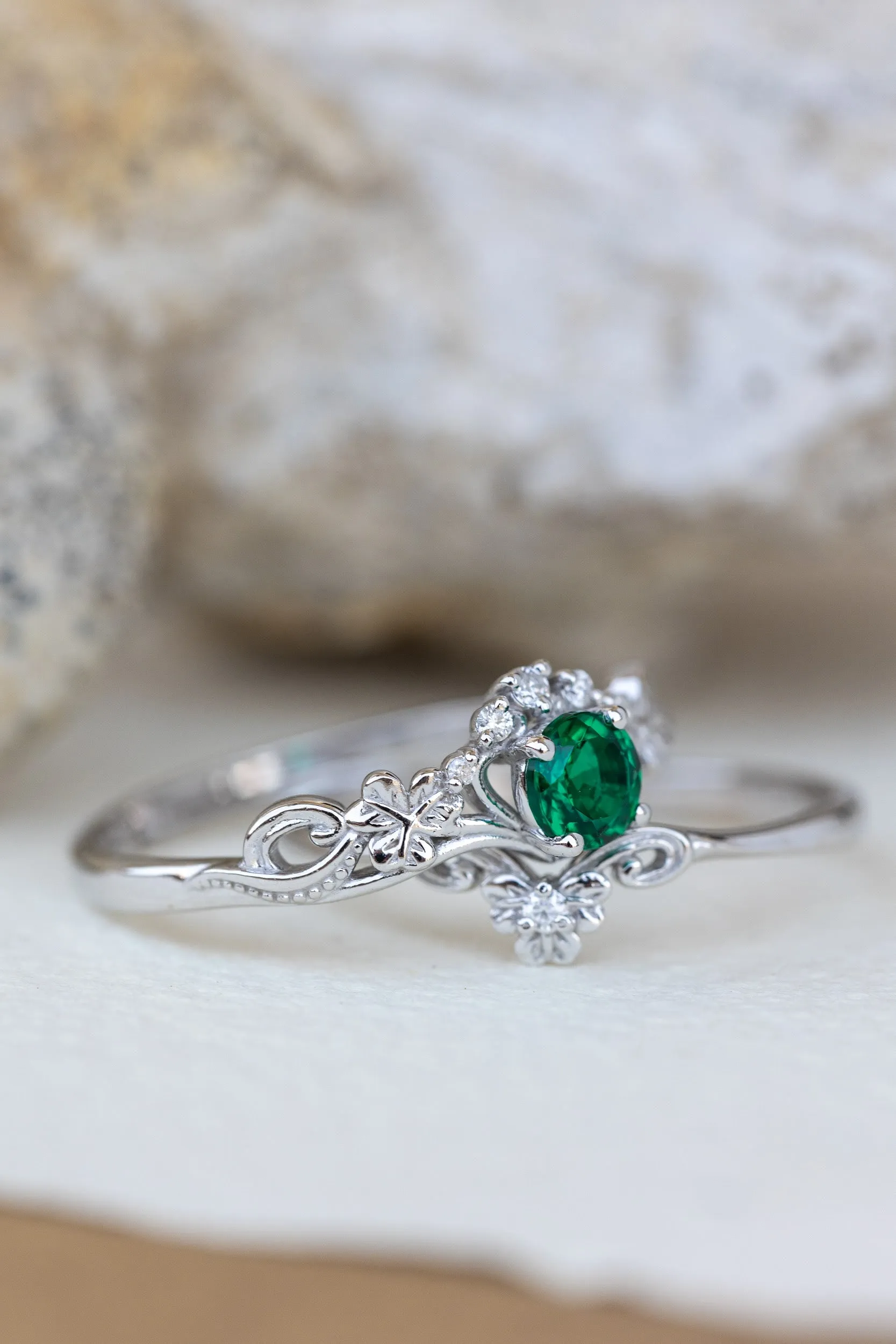 Lab emerald engagement ring set, white gold clover leaves bridal ring set / Horta