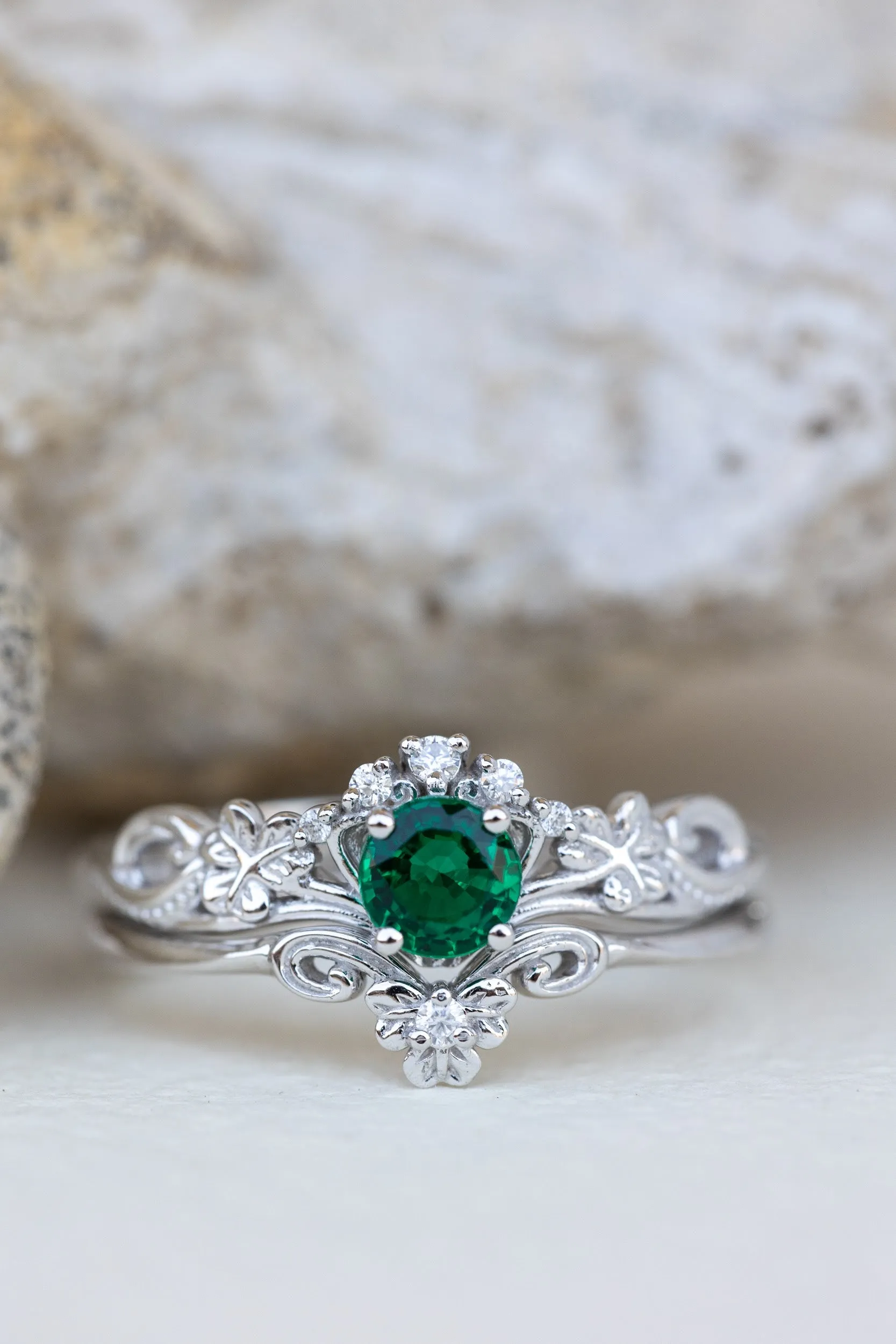 Lab emerald engagement ring set, white gold clover leaves bridal ring set / Horta