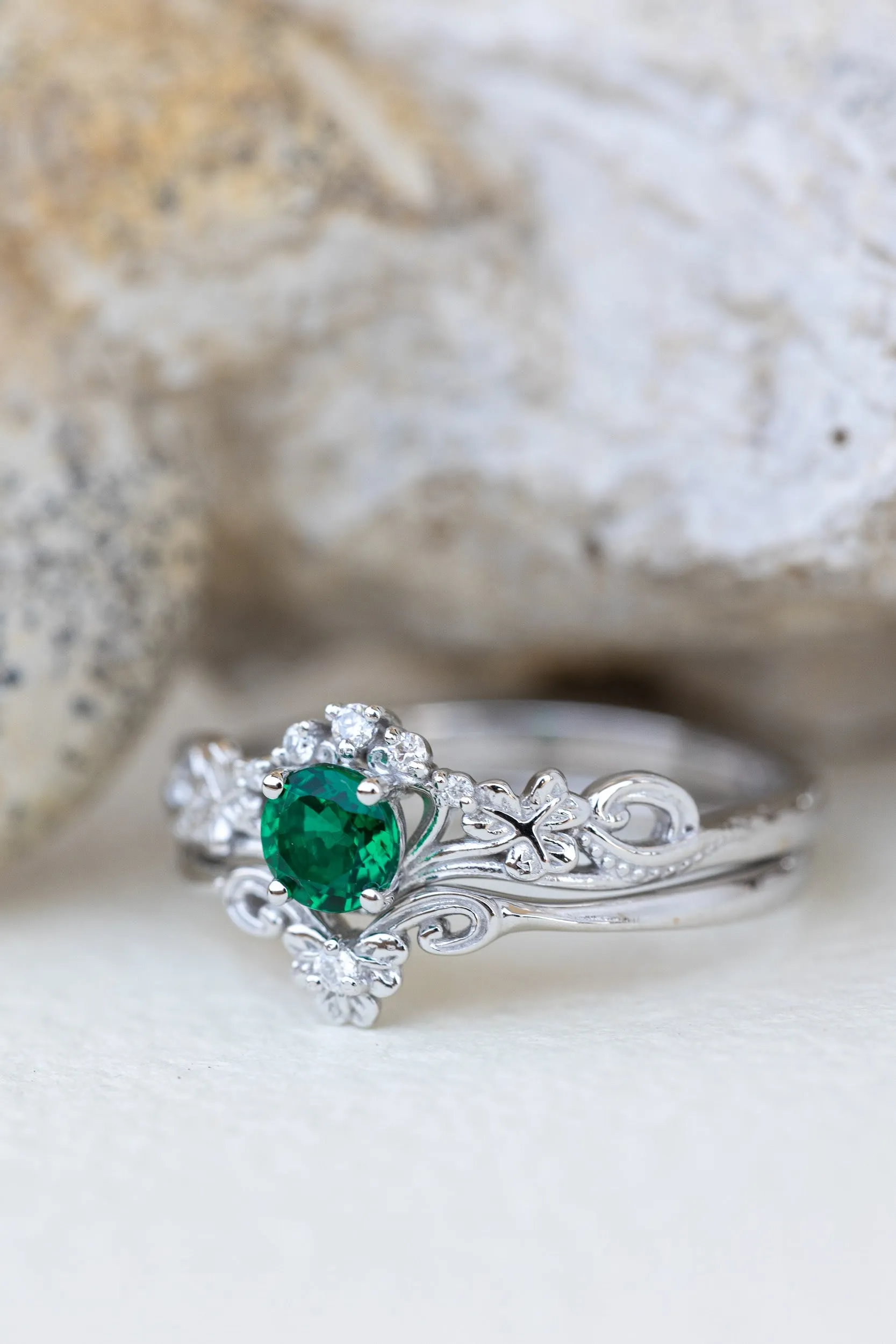 Lab emerald engagement ring set, white gold clover leaves bridal ring set / Horta