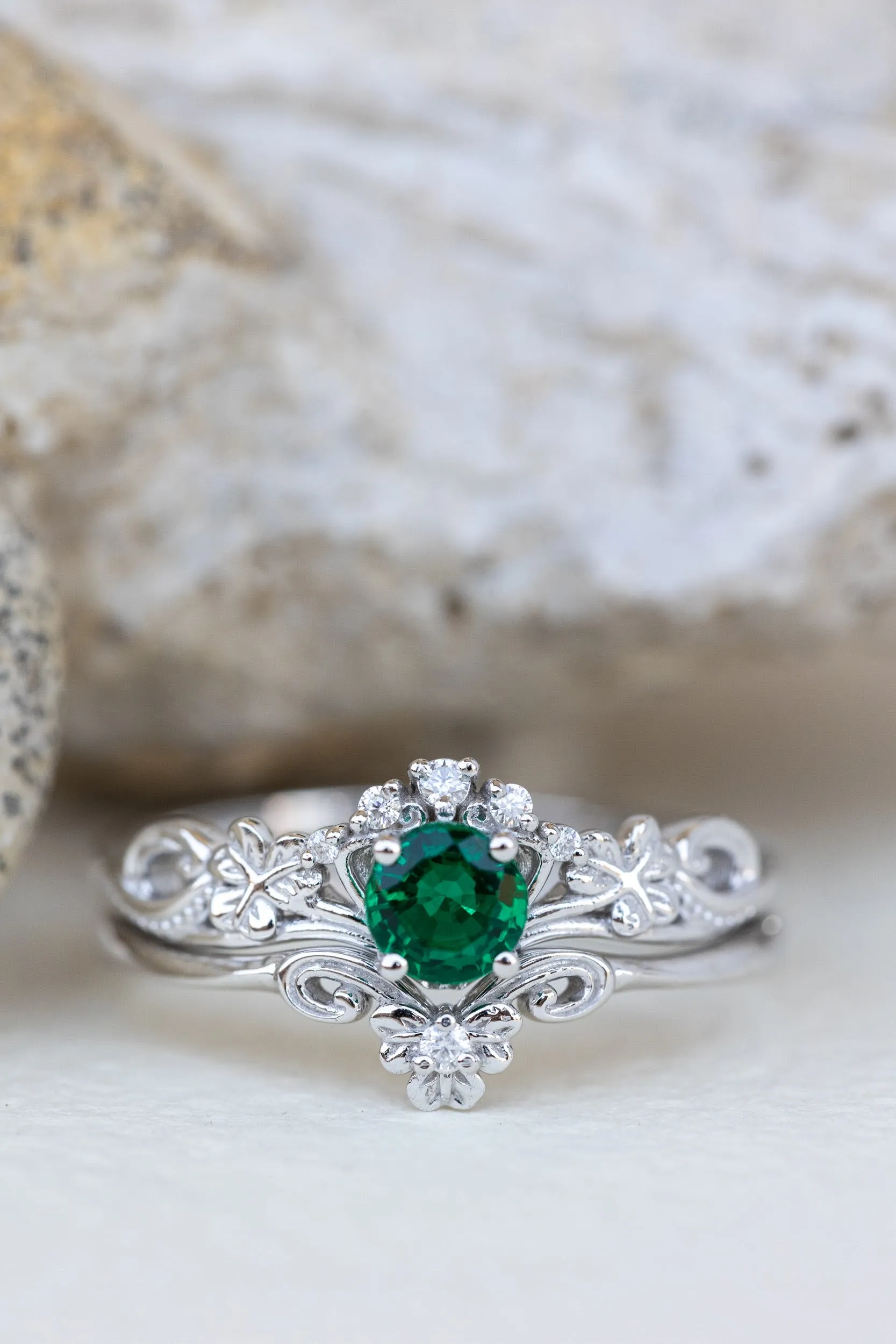 Lab emerald engagement ring set, white gold clover leaves bridal ring set / Horta