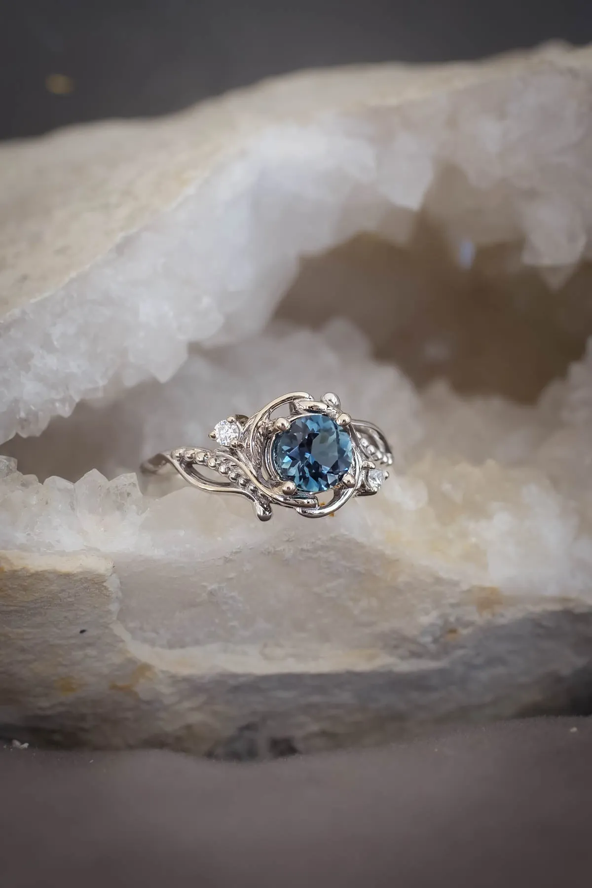 London blue topaz engagement ring set, gold bridal ring set / Undina