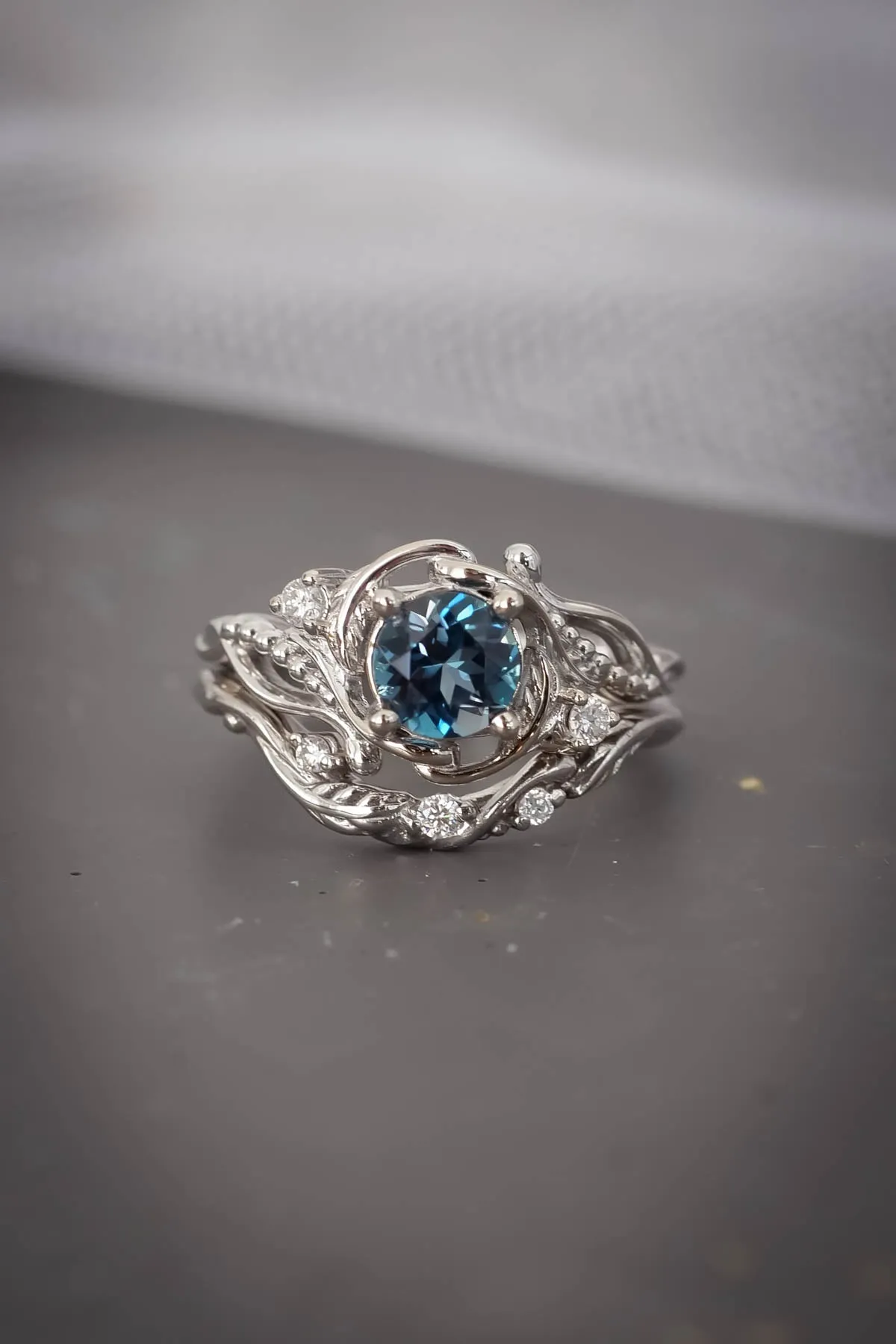 London blue topaz engagement ring set, gold bridal ring set / Undina