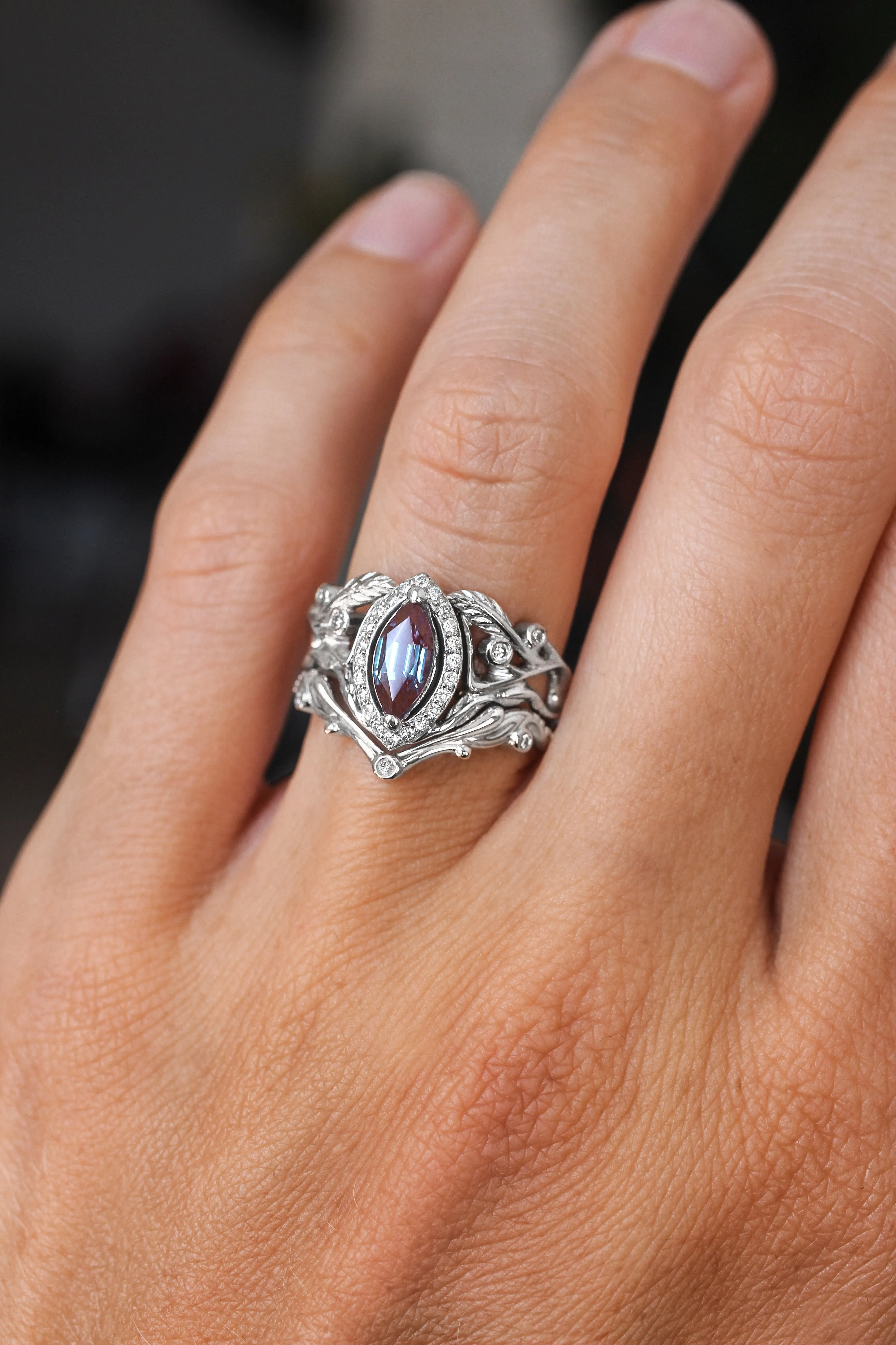 Marquise alexandrite ring with diamond halo / Callisto