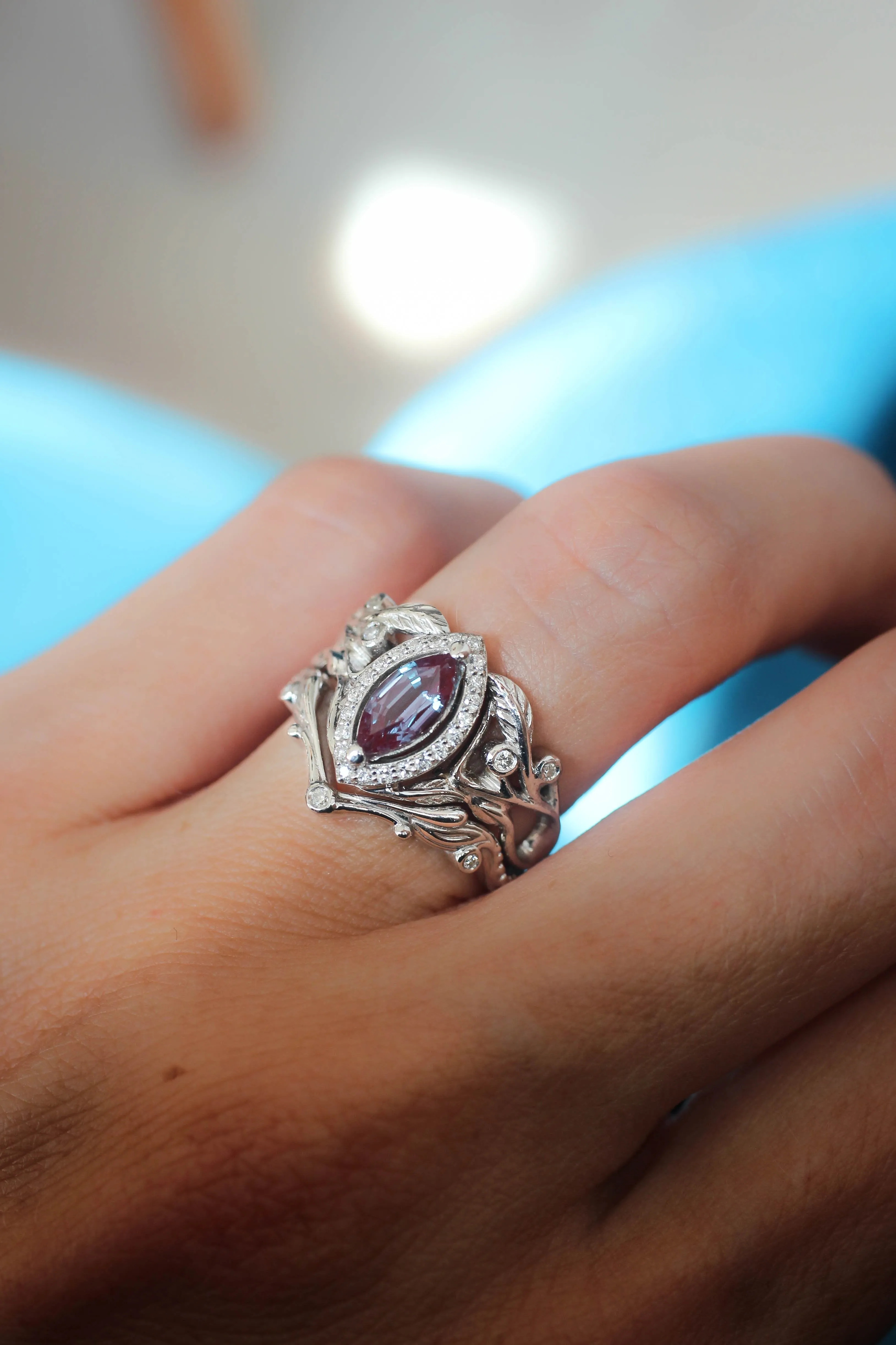 Marquise alexandrite ring with diamond halo / Callisto