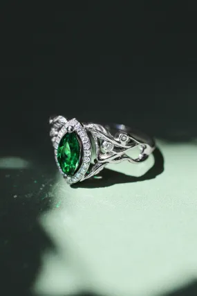 Marquise engagement ring with lab emerald and diamond halo / Callisto