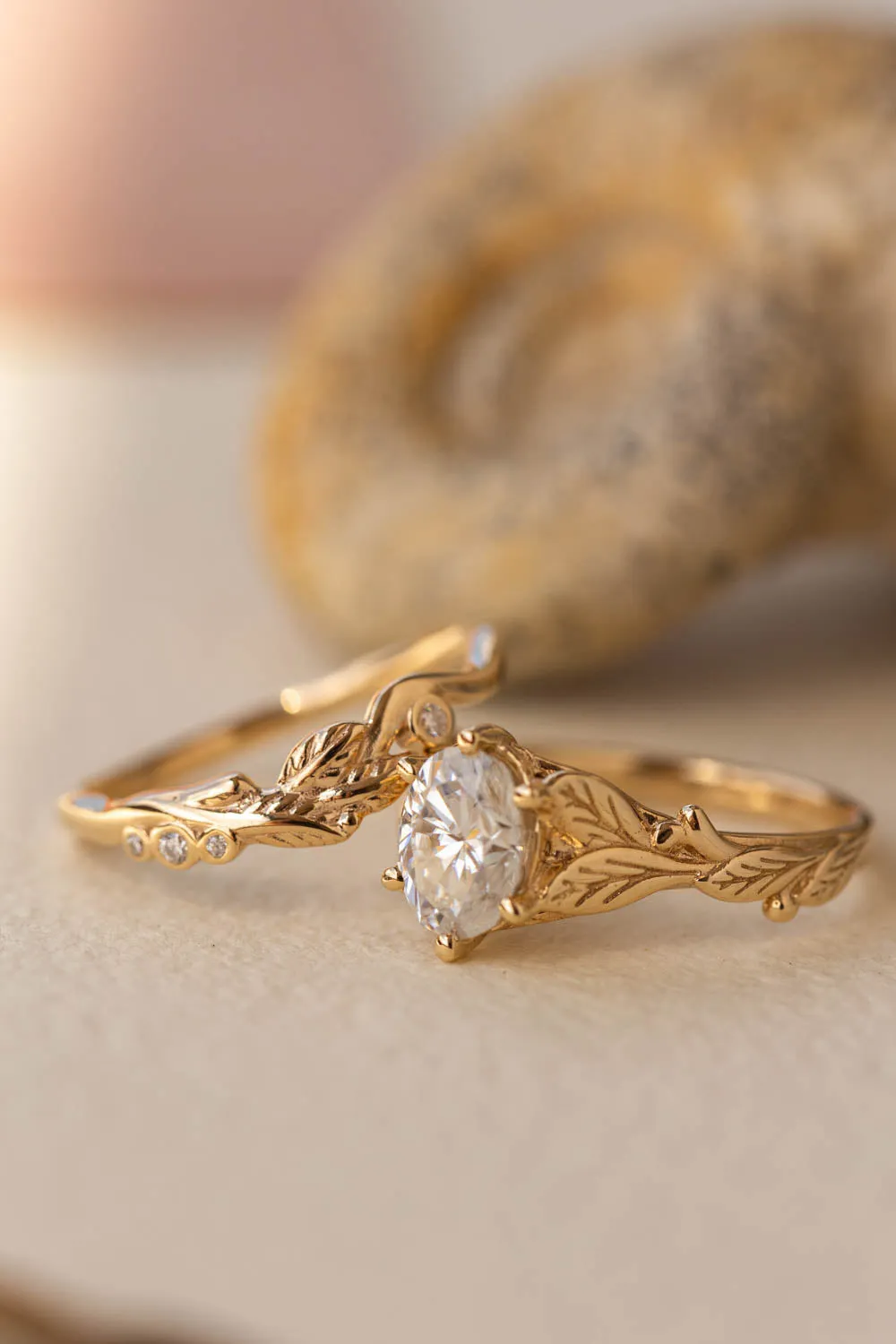 Moissanite gold leaf engagement ring, oval cut gemstone proposal ring / Freesia