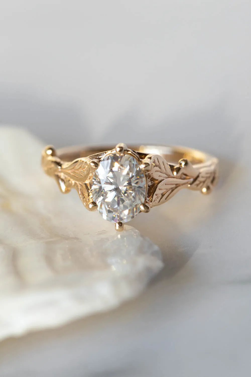 Moissanite gold leaf engagement ring, oval cut gemstone proposal ring / Freesia