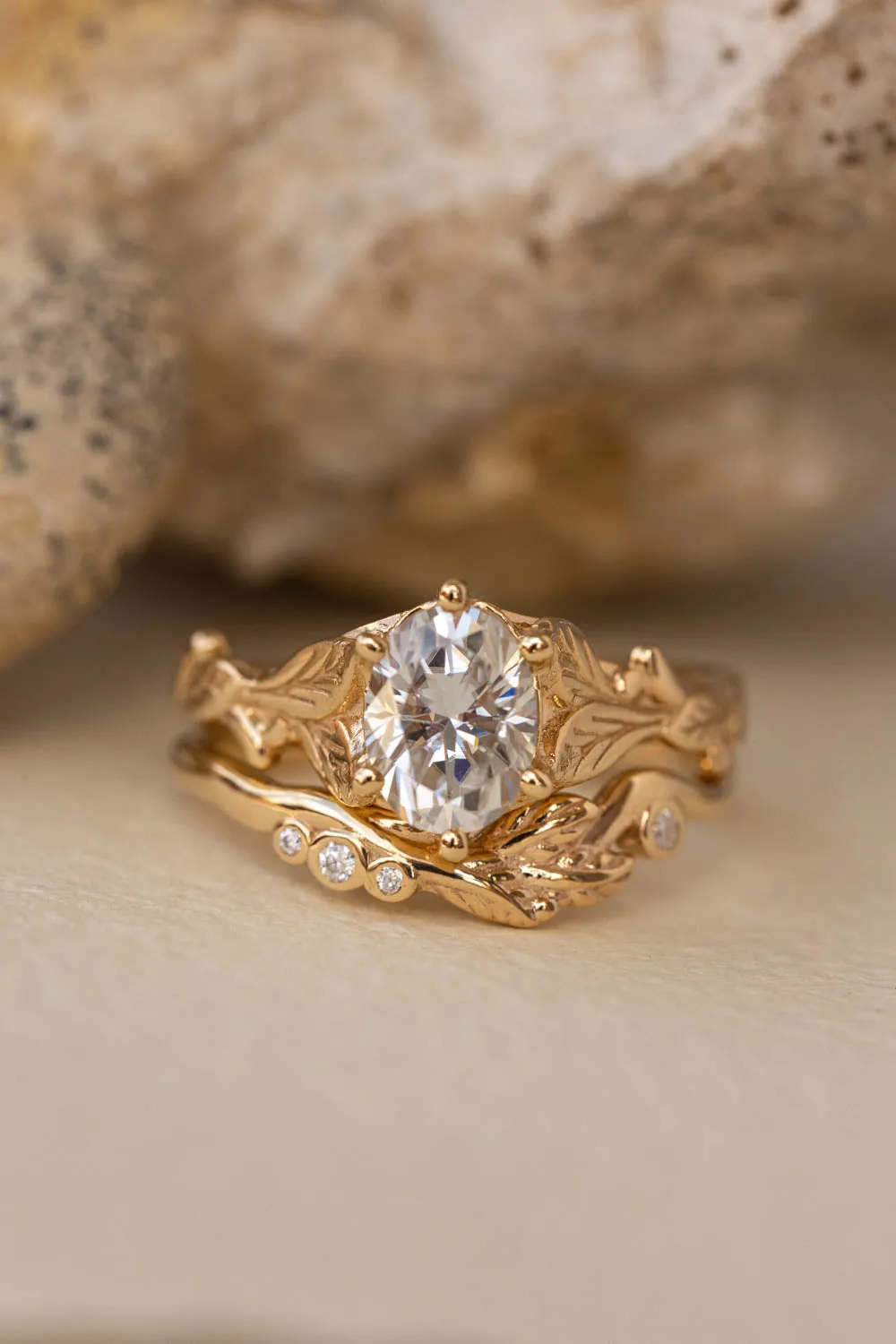 Moissanite gold leaf engagement ring, oval cut gemstone proposal ring / Freesia