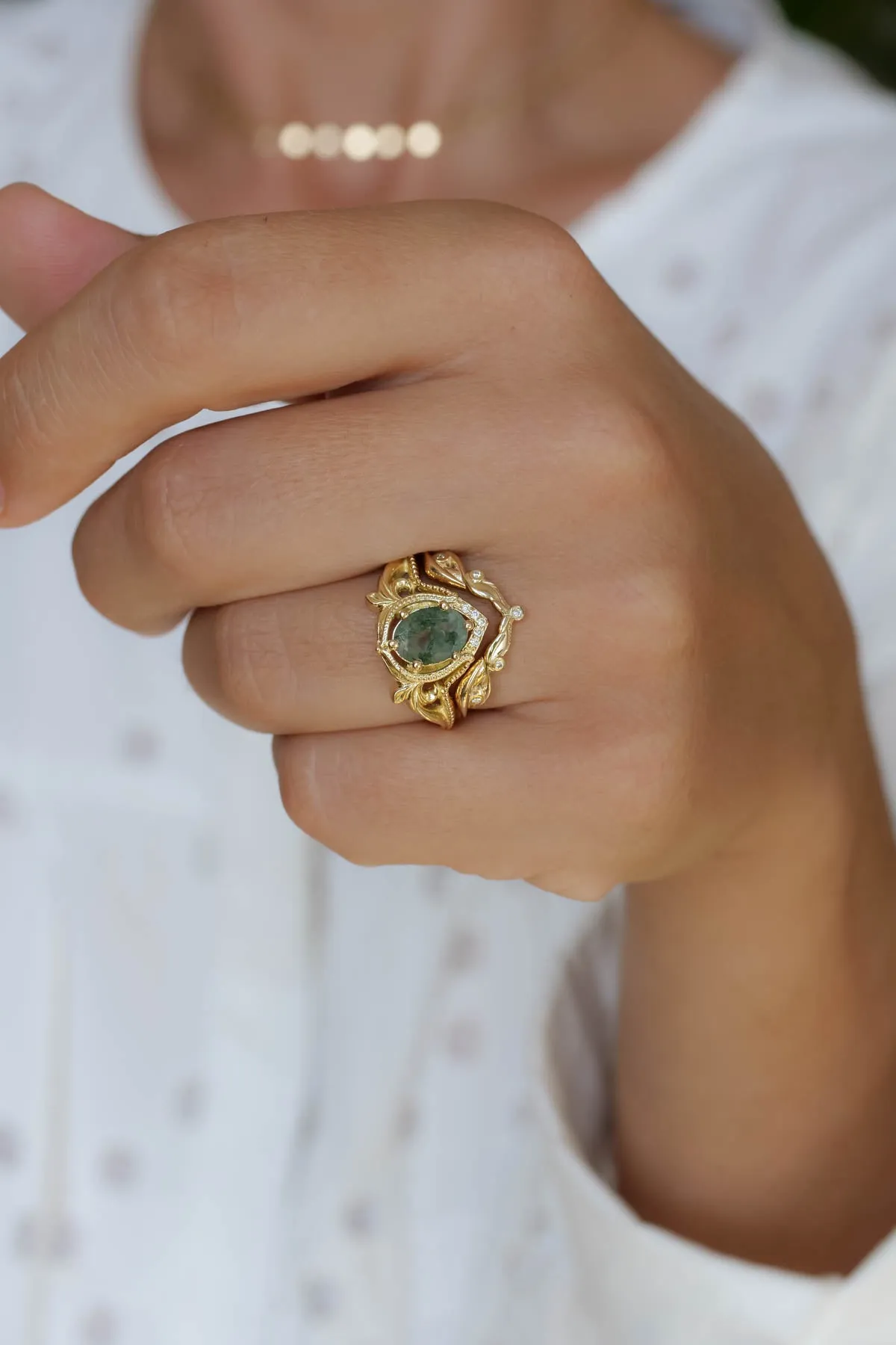 Moss agate bridal ring set, nature inspired engagement rings / Lida