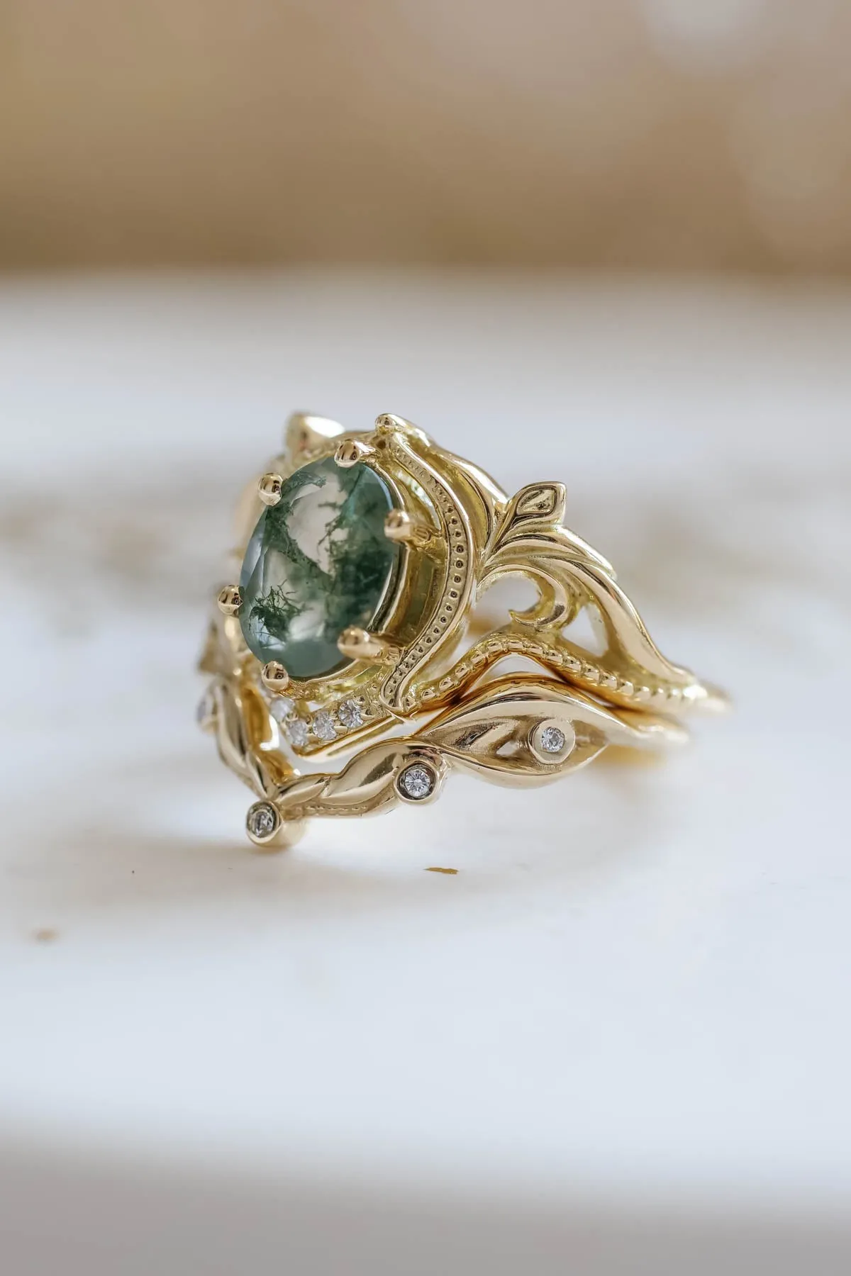 Moss agate bridal ring set, nature inspired engagement rings / Lida