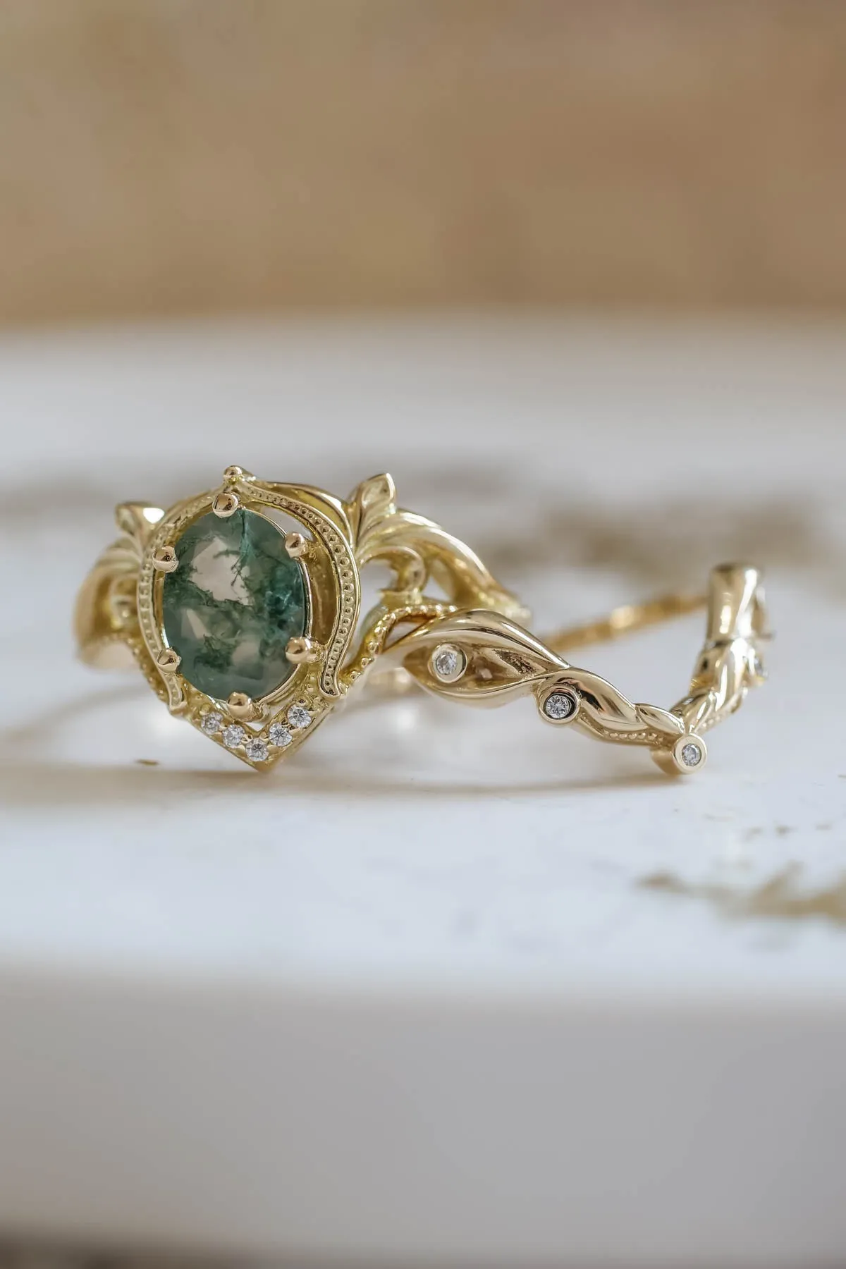 Moss agate bridal ring set, nature inspired engagement rings / Lida