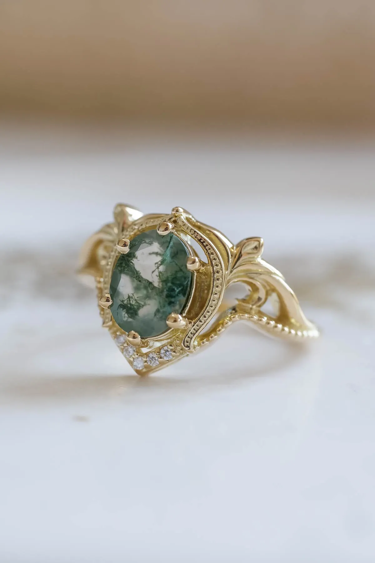 Moss agate bridal ring set, nature inspired engagement rings / Lida