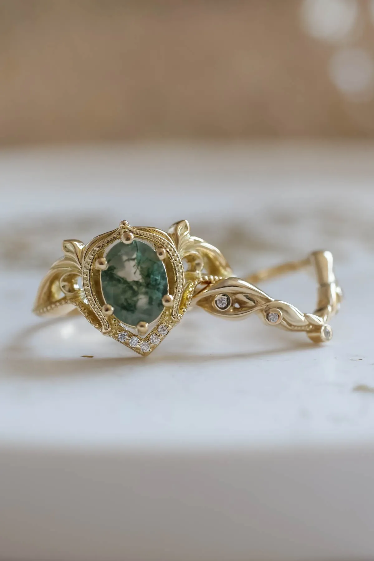 Moss agate bridal ring set, nature inspired engagement rings / Lida