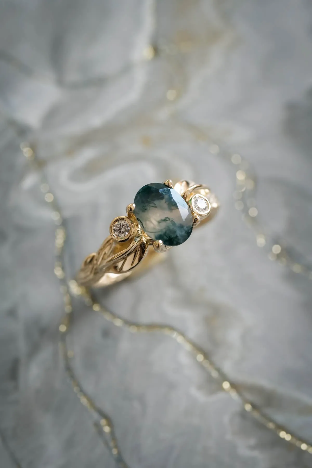 Moss agate diamond ring, branch engagement ring / Arius