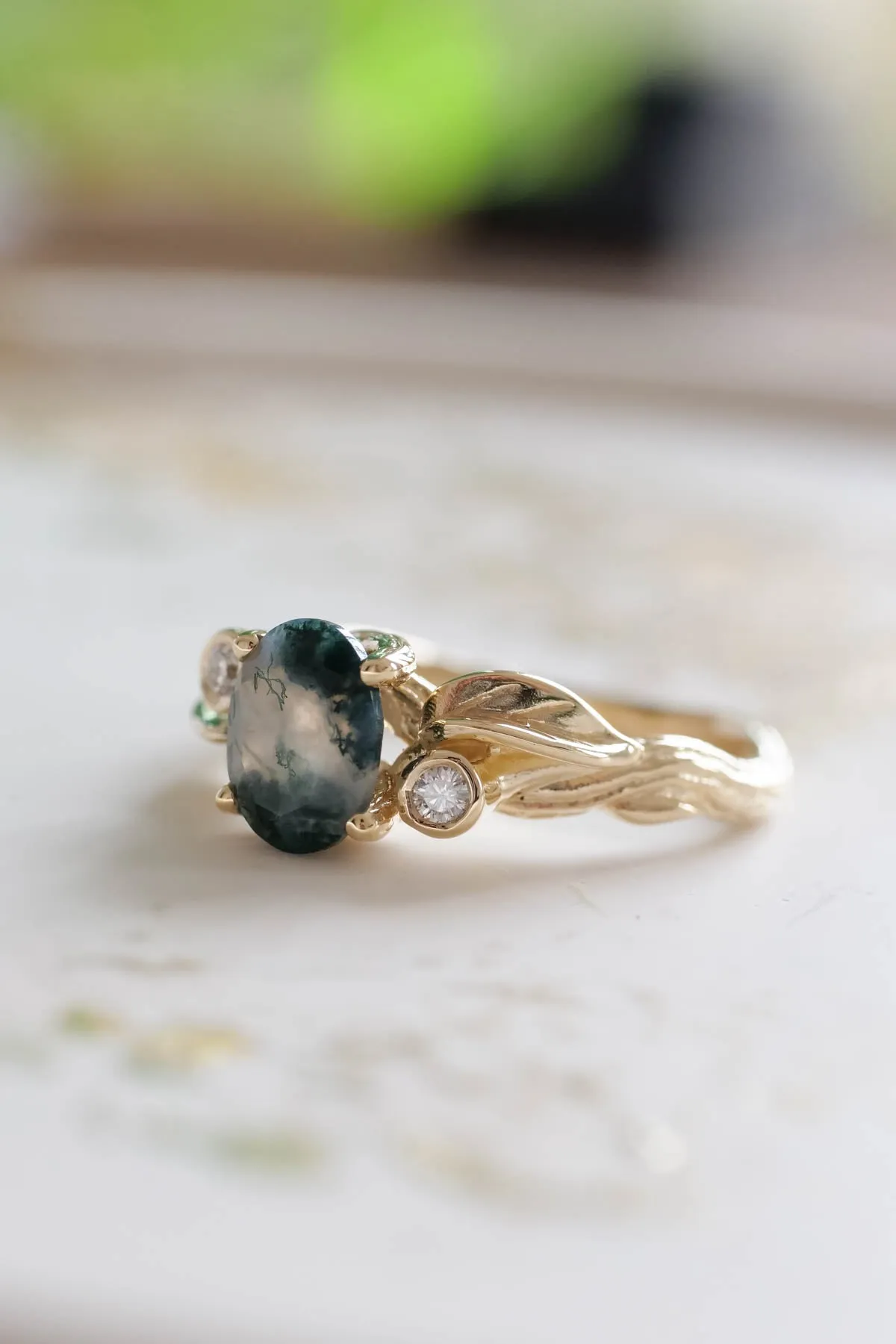 Moss agate diamond ring, branch engagement ring / Arius