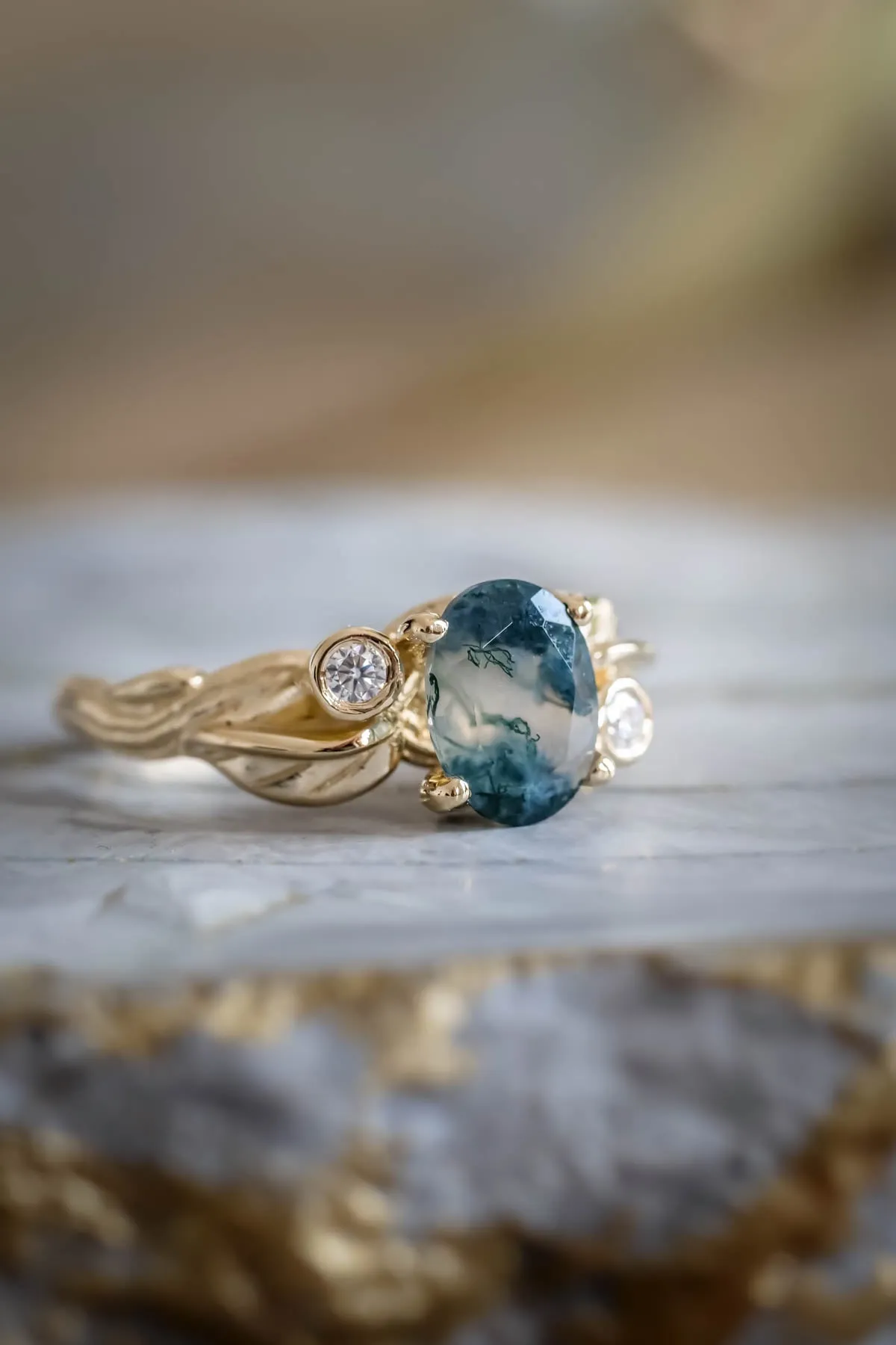 Moss agate diamond ring, branch engagement ring / Arius