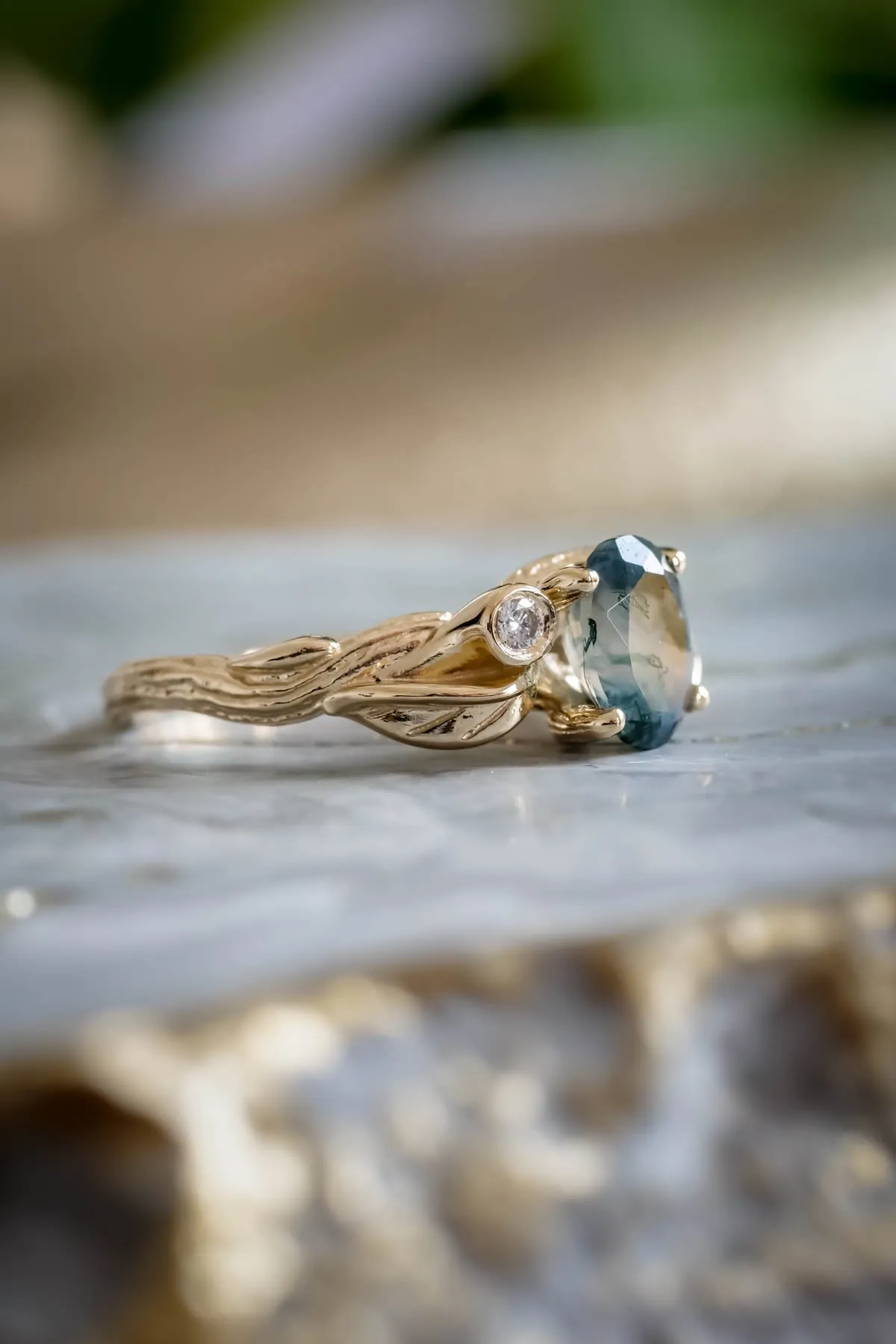 Moss agate diamond ring, branch engagement ring / Arius