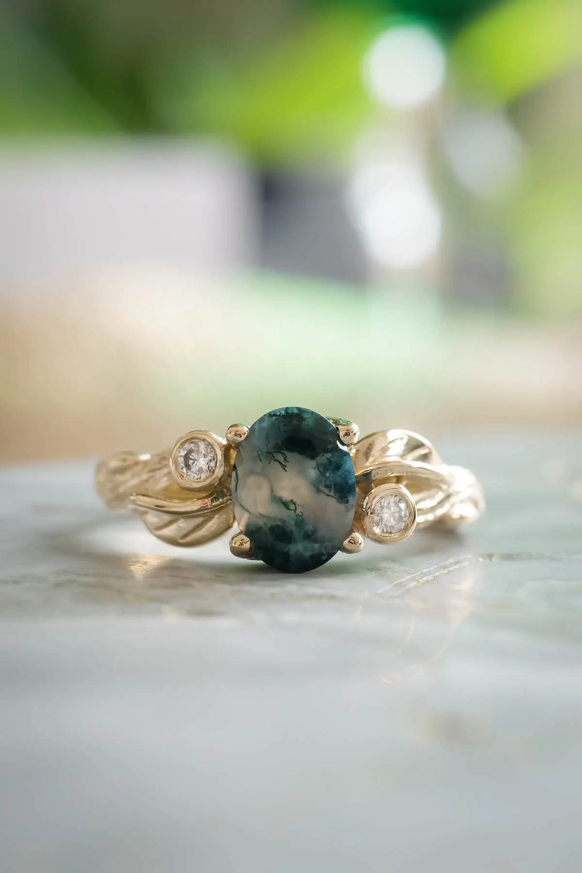 Moss agate diamond ring, branch engagement ring / Arius