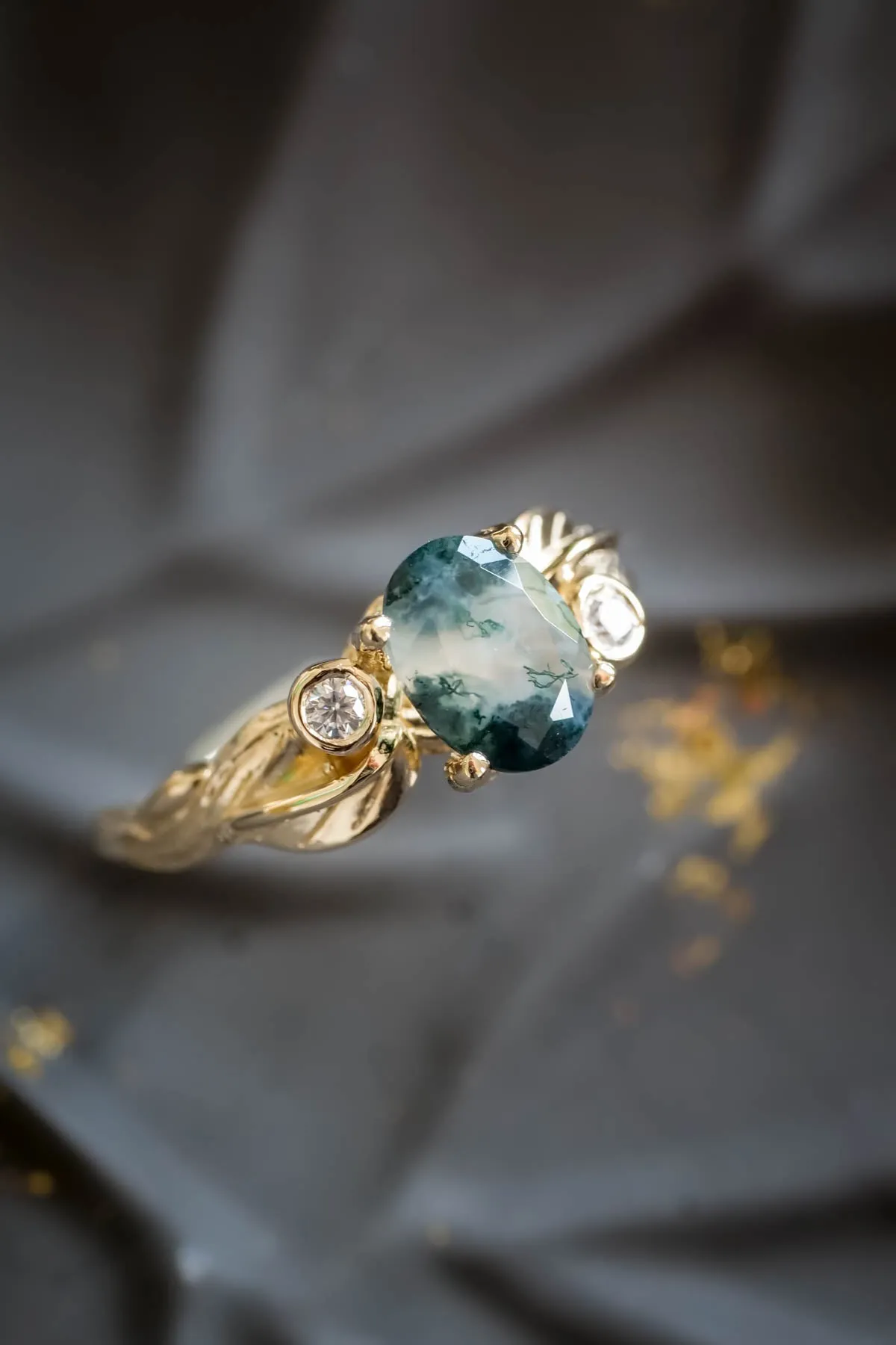 Moss agate diamond ring, branch engagement ring / Arius