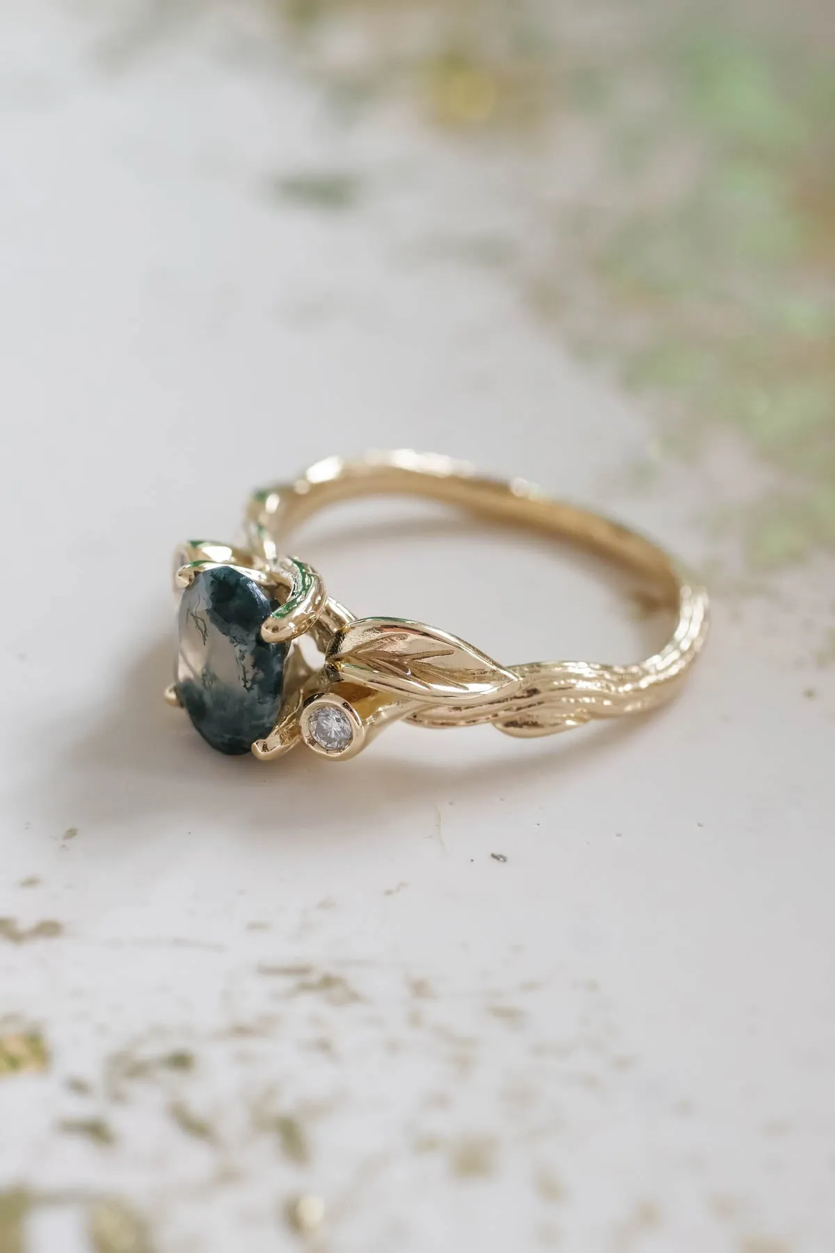 Moss agate diamond ring, branch engagement ring / Arius