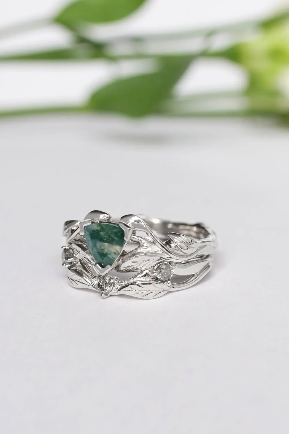 Moss agate engagement ring, salt and pepper diamond wedding band / Clematis