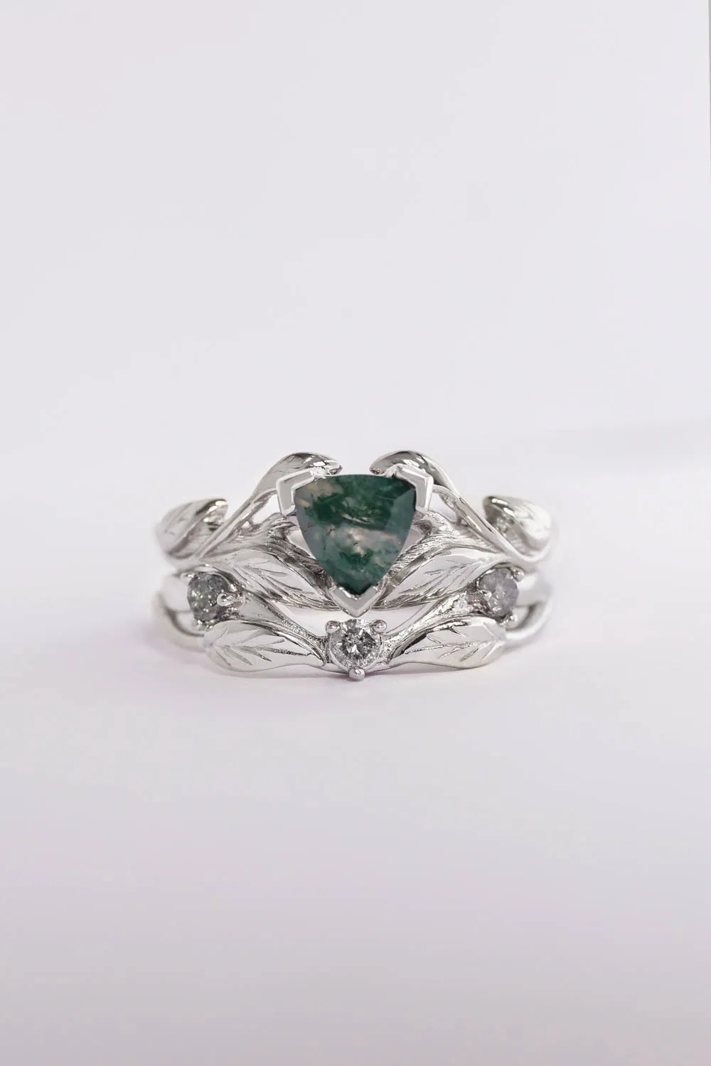 Moss agate engagement ring, salt and pepper diamond wedding band / Clematis