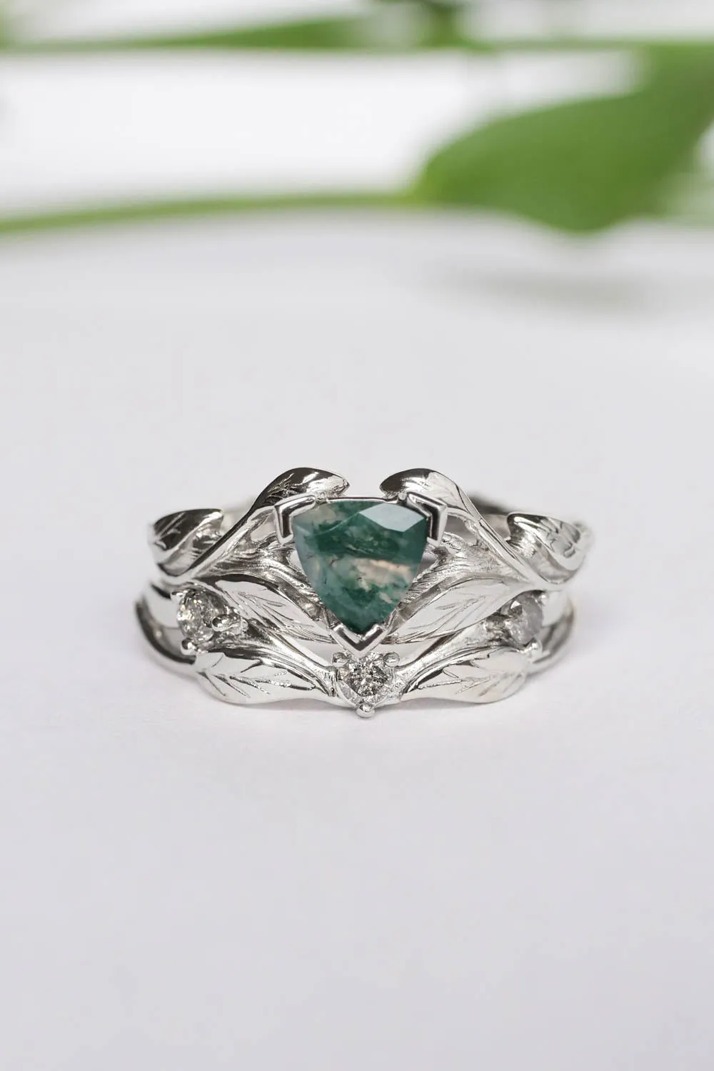 Moss agate engagement ring, salt and pepper diamond wedding band / Clematis