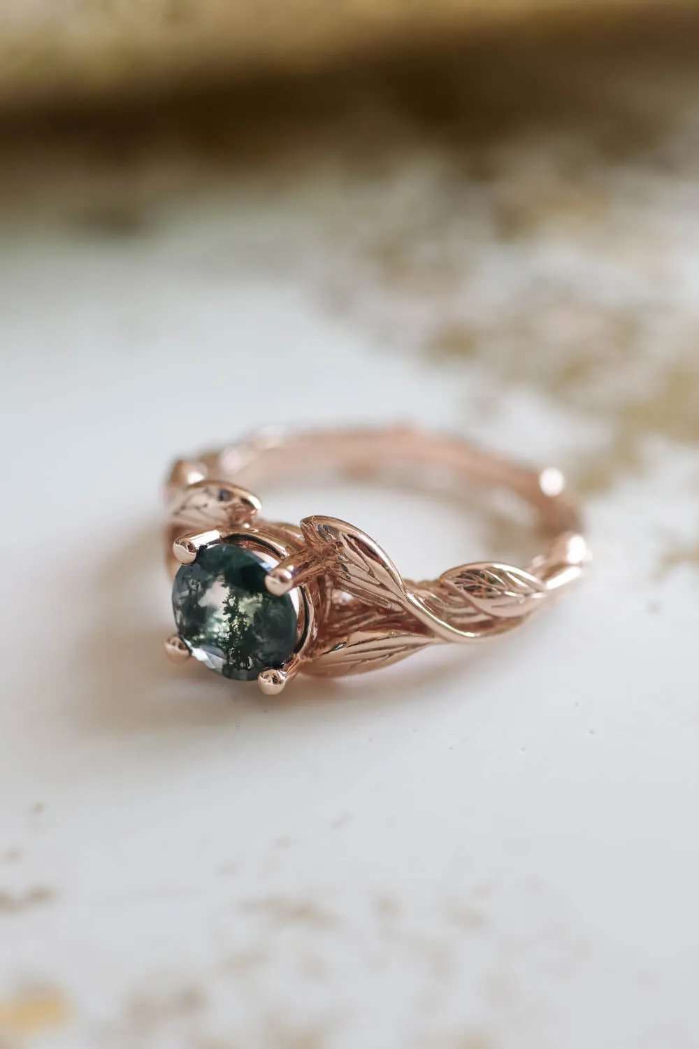 Moss agate gold leaf engagement ring / Clematis