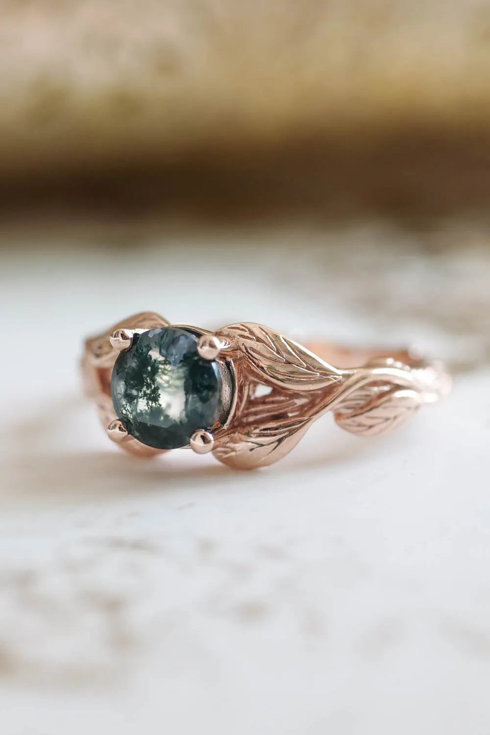 Moss agate gold leaf engagement ring / Clematis