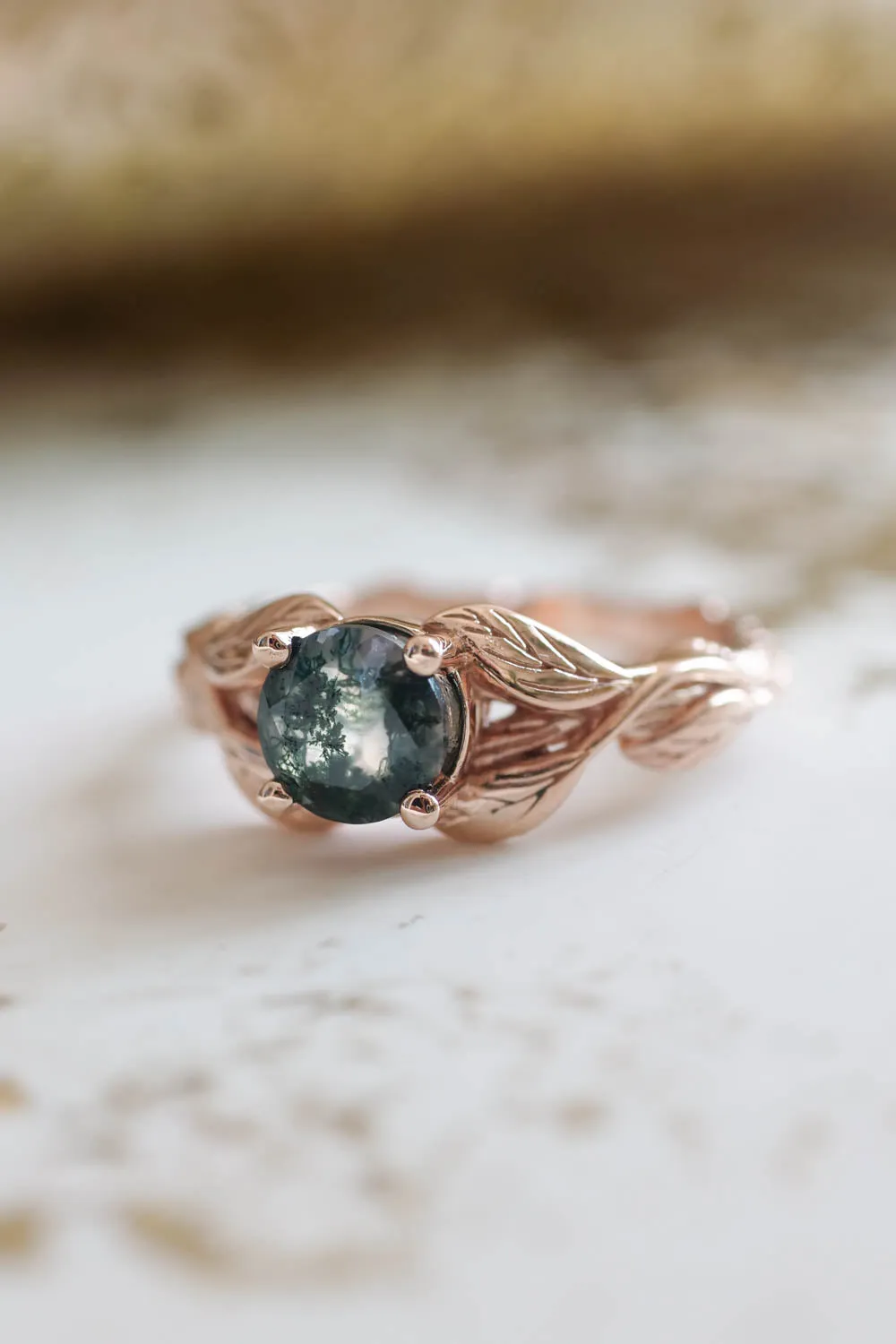 Moss agate gold leaf engagement ring / Clematis