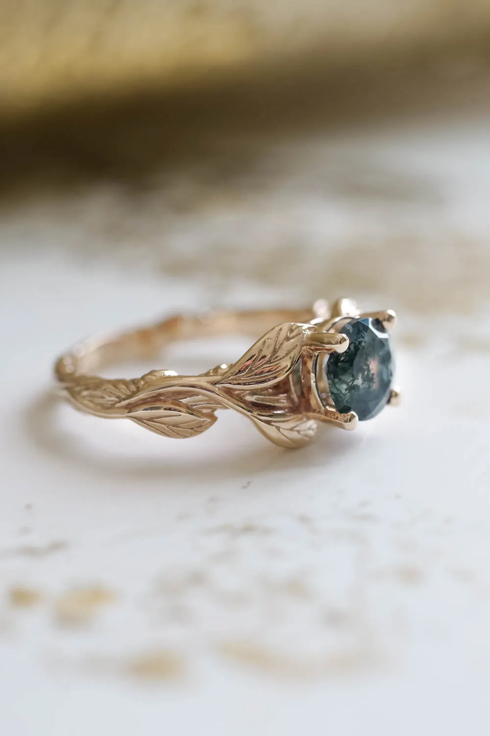 Moss agate gold leaf engagement ring / Clematis