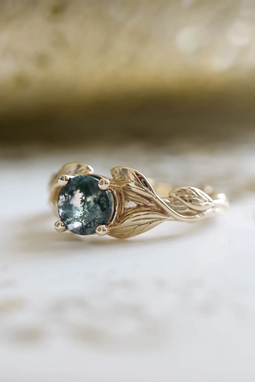 Moss agate gold leaf engagement ring / Clematis