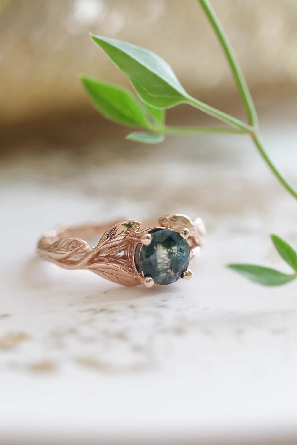 Moss agate gold leaf engagement ring / Clematis