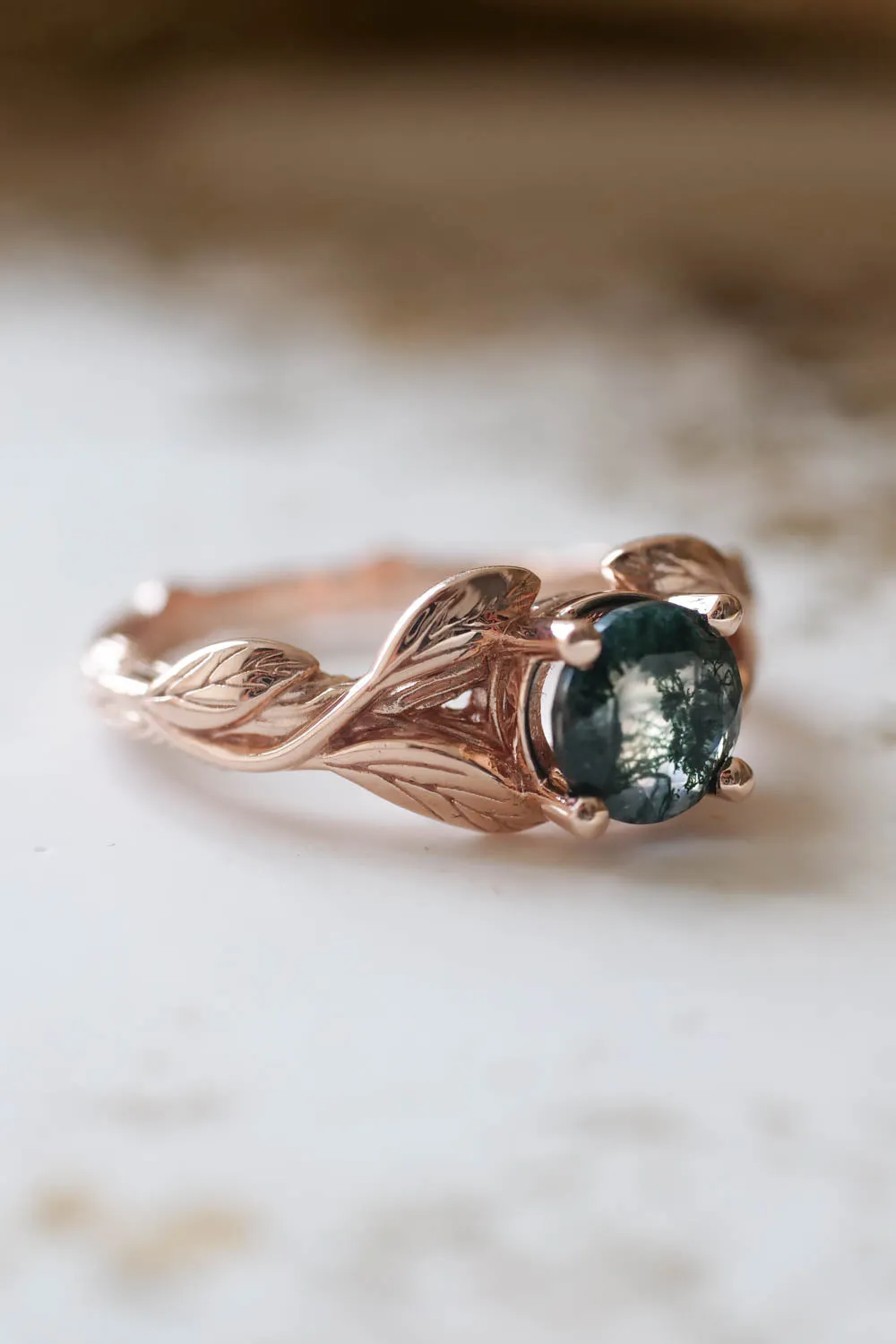 Moss agate gold leaf engagement ring / Clematis