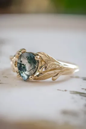 Moss agate gold ring, leaves engagement ring / Wisteria