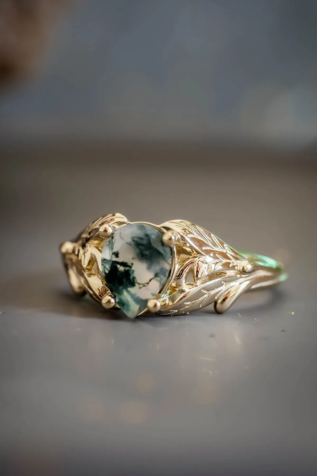 Moss agate gold ring, leaves engagement ring / Wisteria