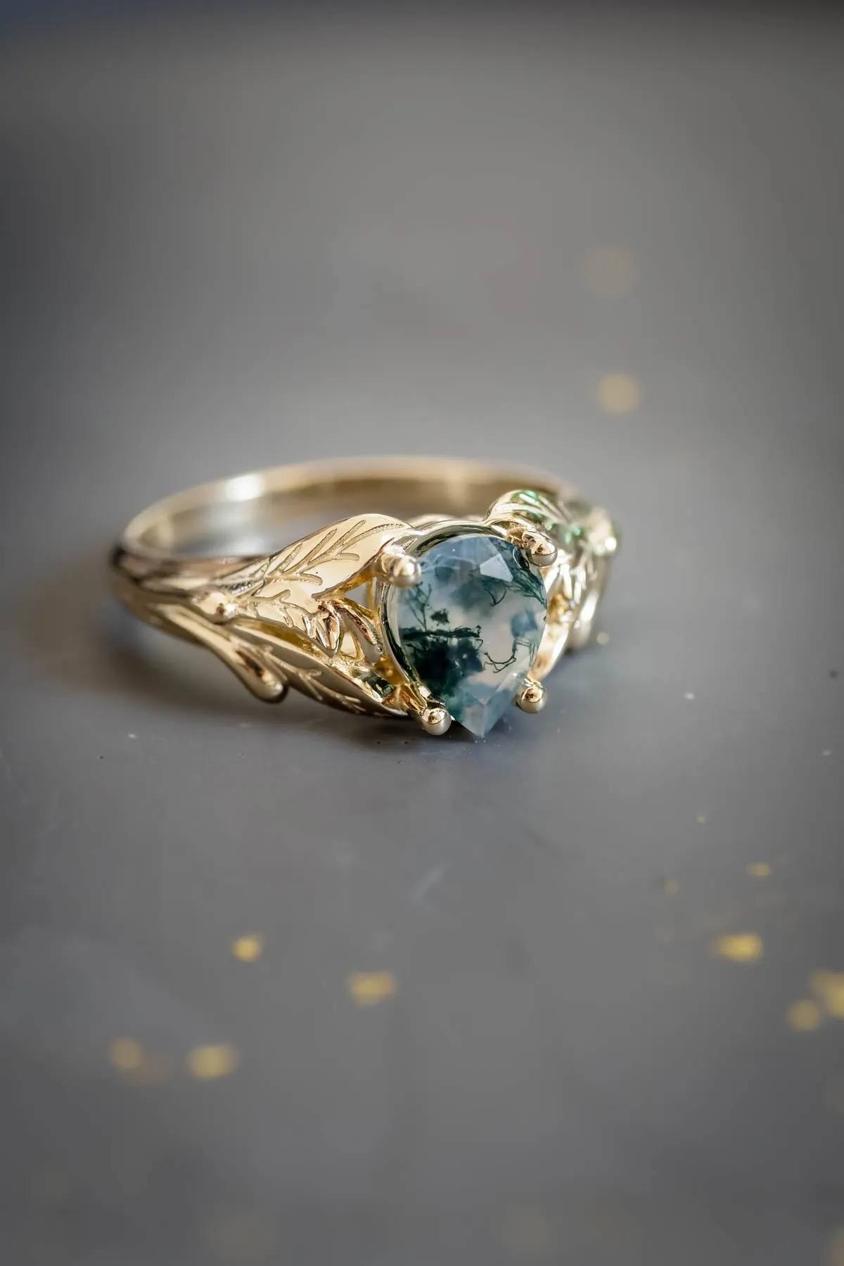 Moss agate gold ring, leaves engagement ring / Wisteria