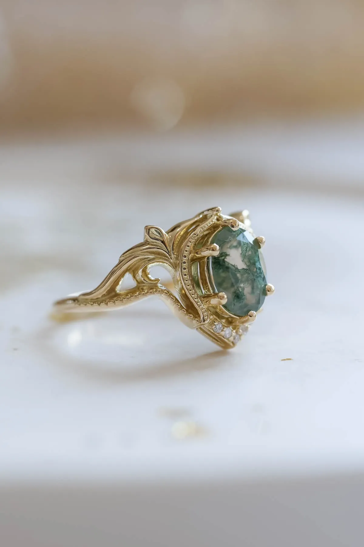 Moss agate ring, unique engagement rings / Lida