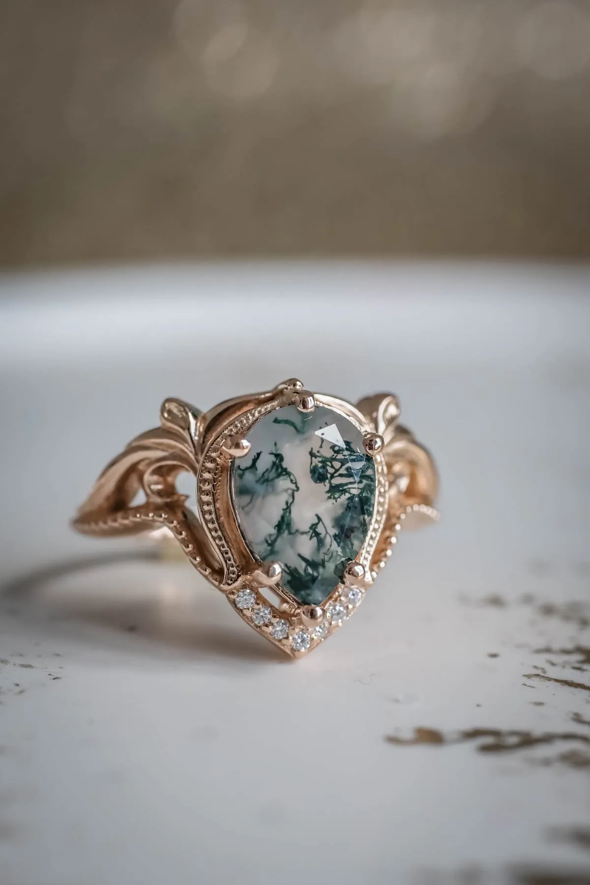 Moss agate rose gold ring, unique statement ring / Lida