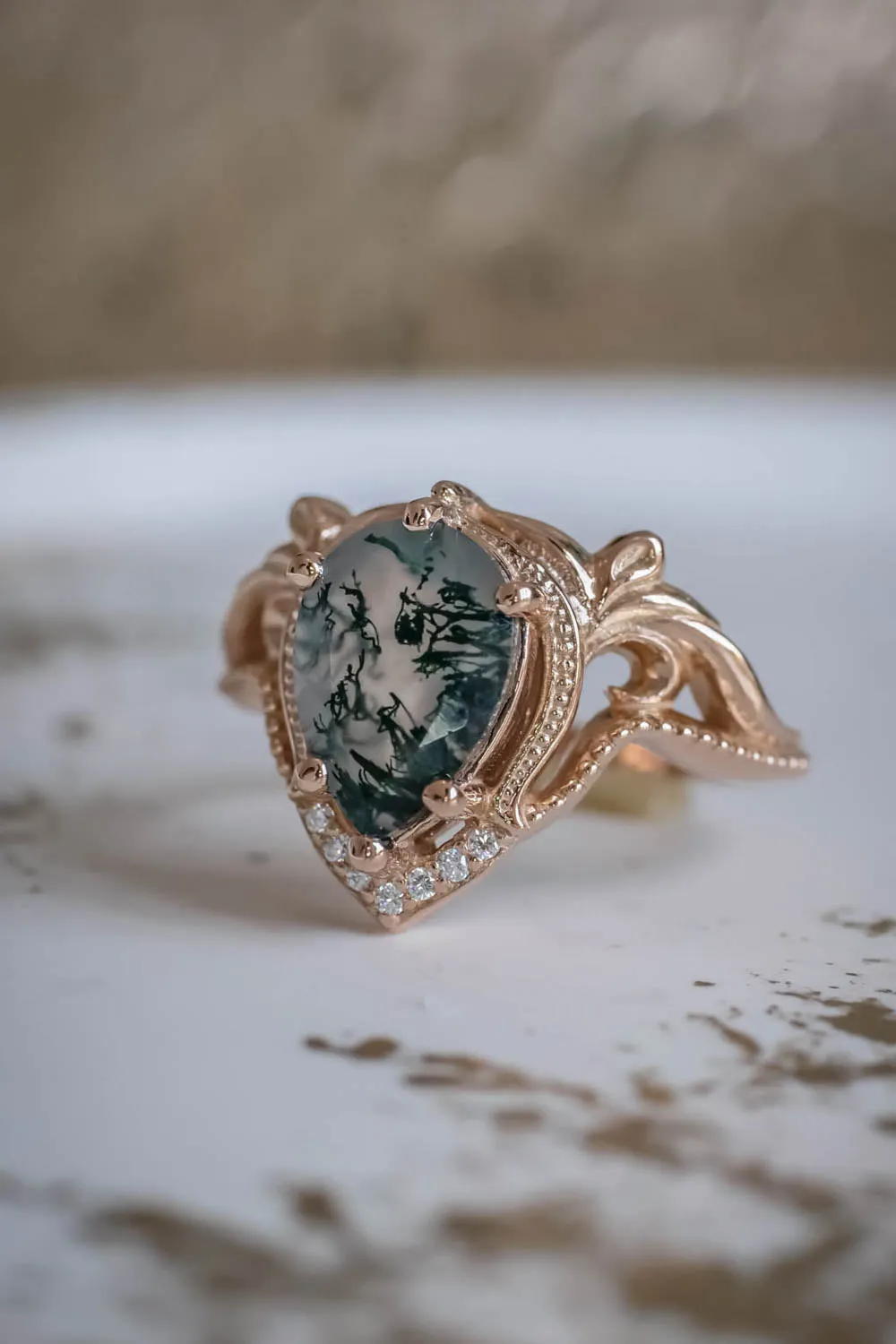 Moss agate rose gold ring, unique statement ring / Lida