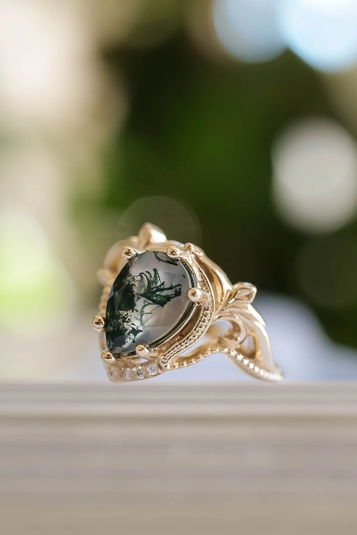 Moss agate rose gold ring, unique statement ring / Lida