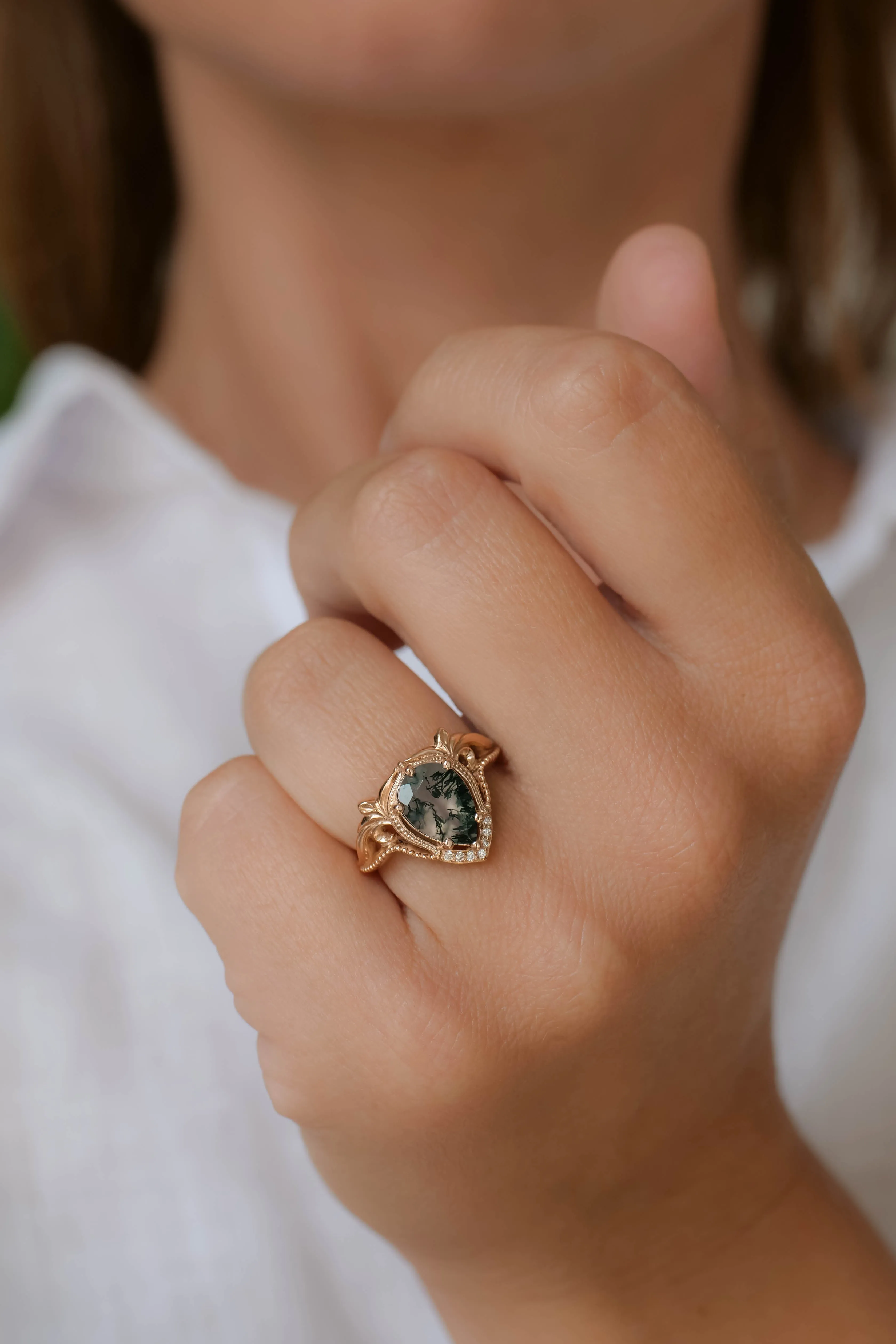 Moss agate rose gold ring, unique statement ring / Lida