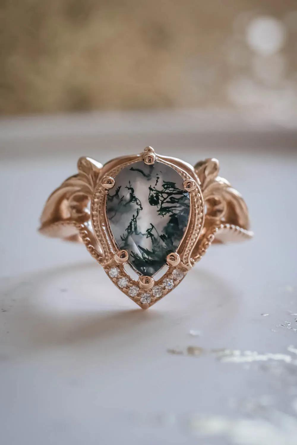 Moss agate rose gold ring, unique statement ring / Lida