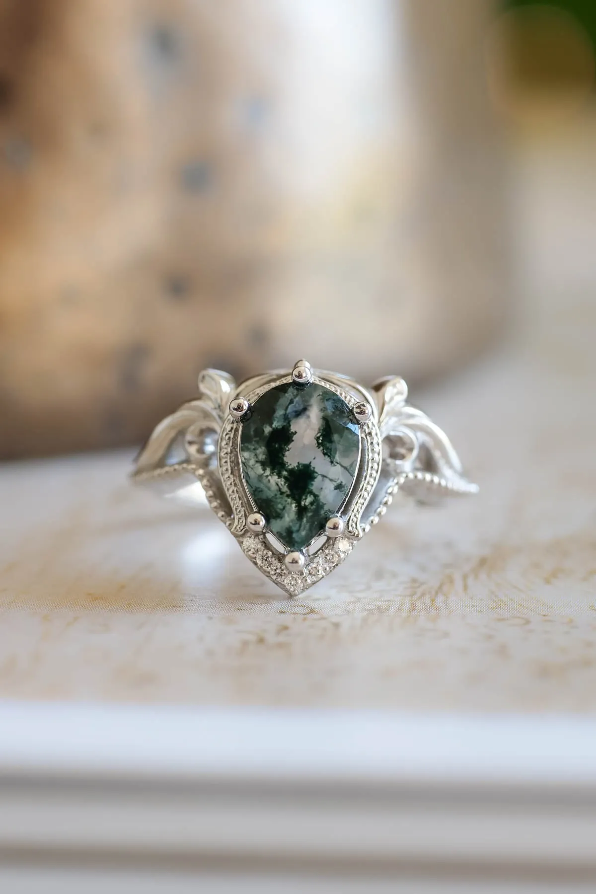 Moss agate rose gold ring, unique statement ring / Lida