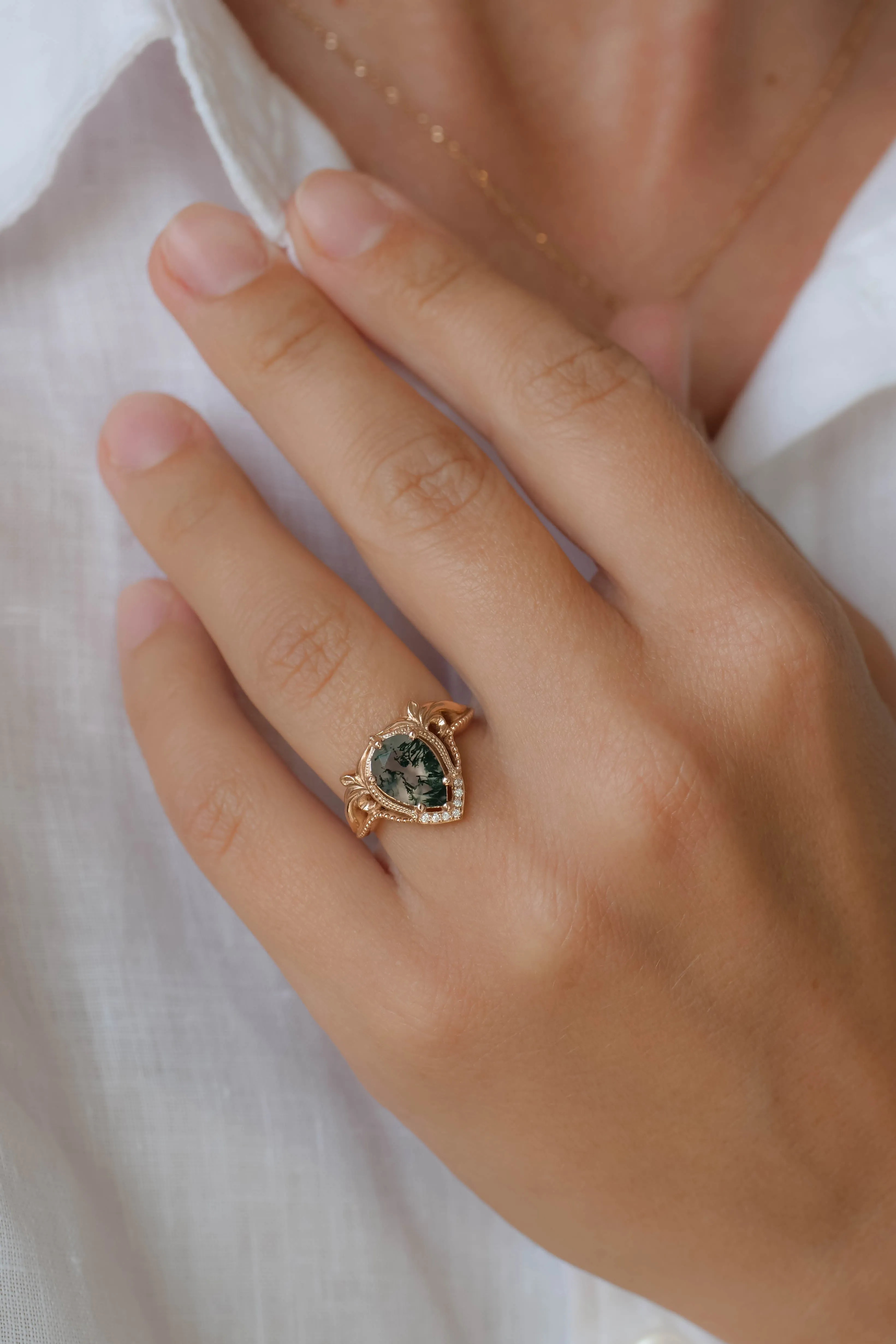 Moss agate rose gold ring, unique statement ring / Lida