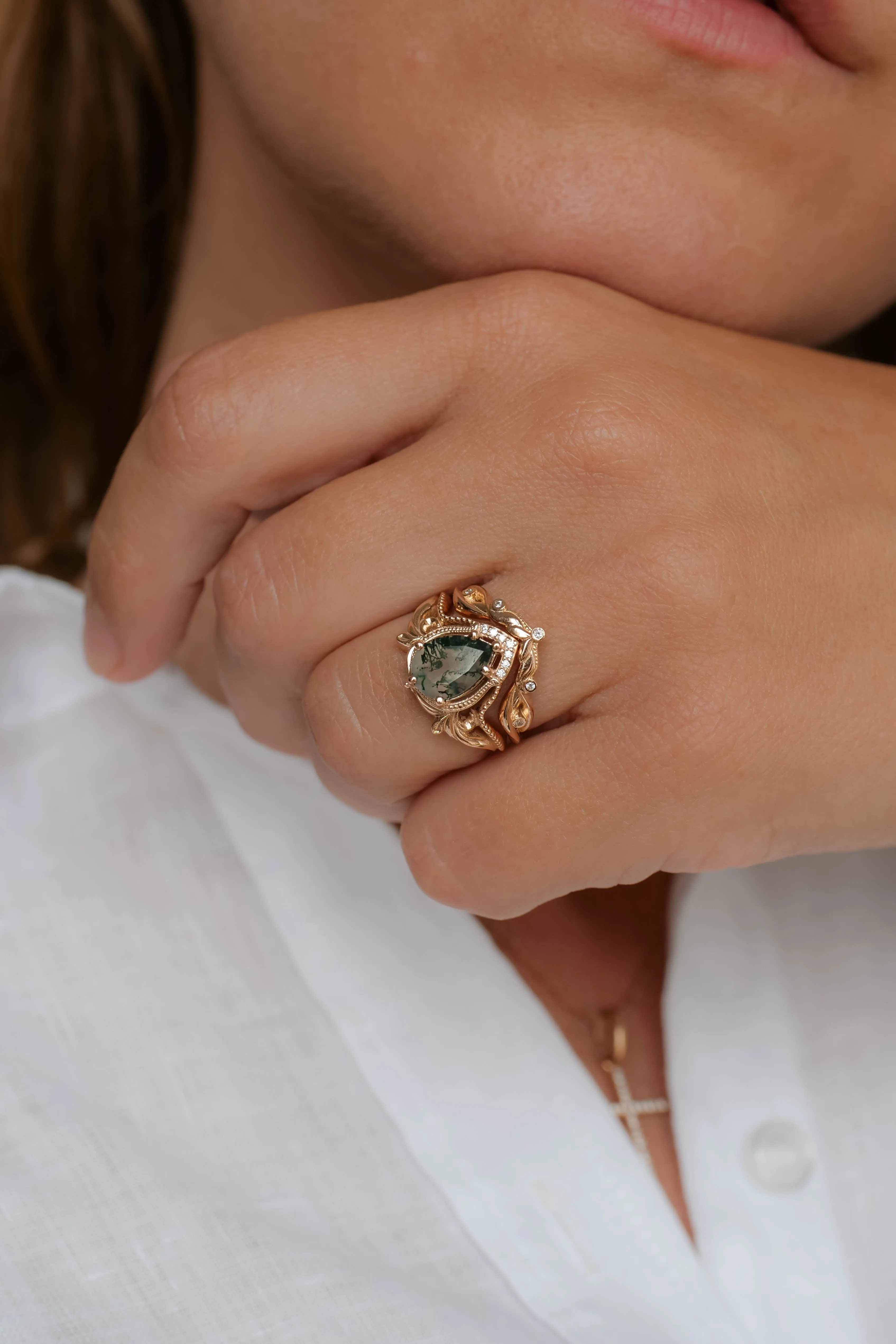 Moss agate rose gold ring, unique statement ring / Lida