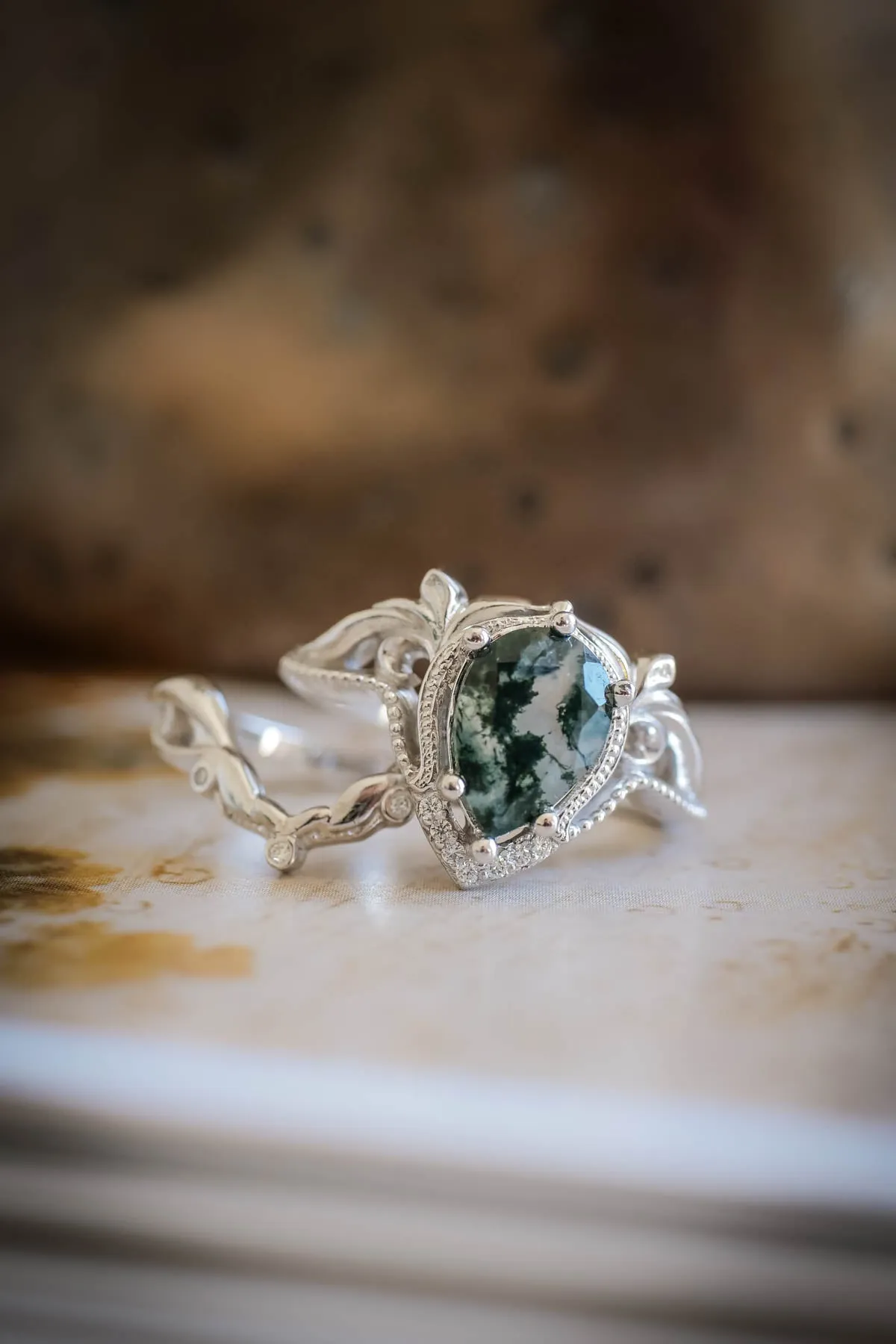 Moss agate white gold ring, one of a kind engagement ring / Lida