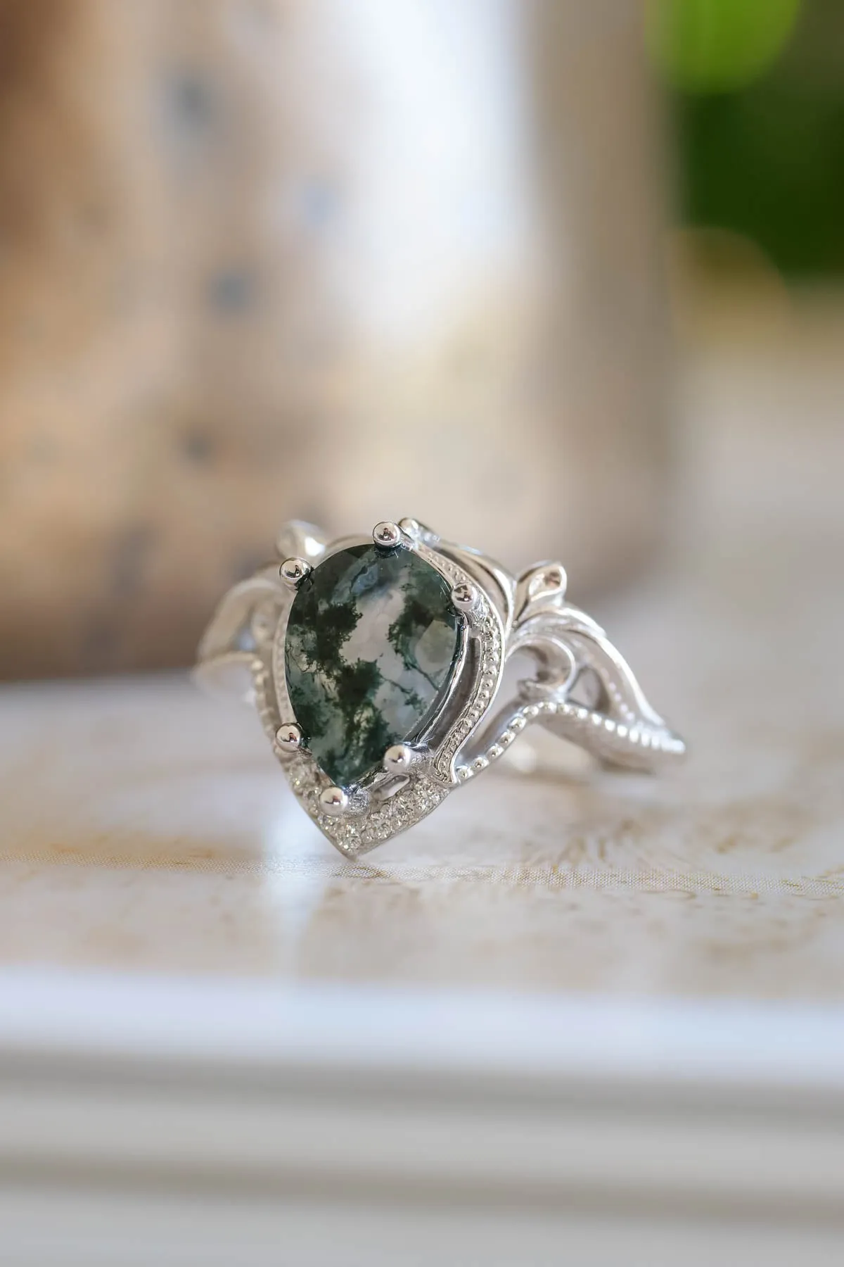 Moss agate white gold ring, one of a kind engagement ring / Lida