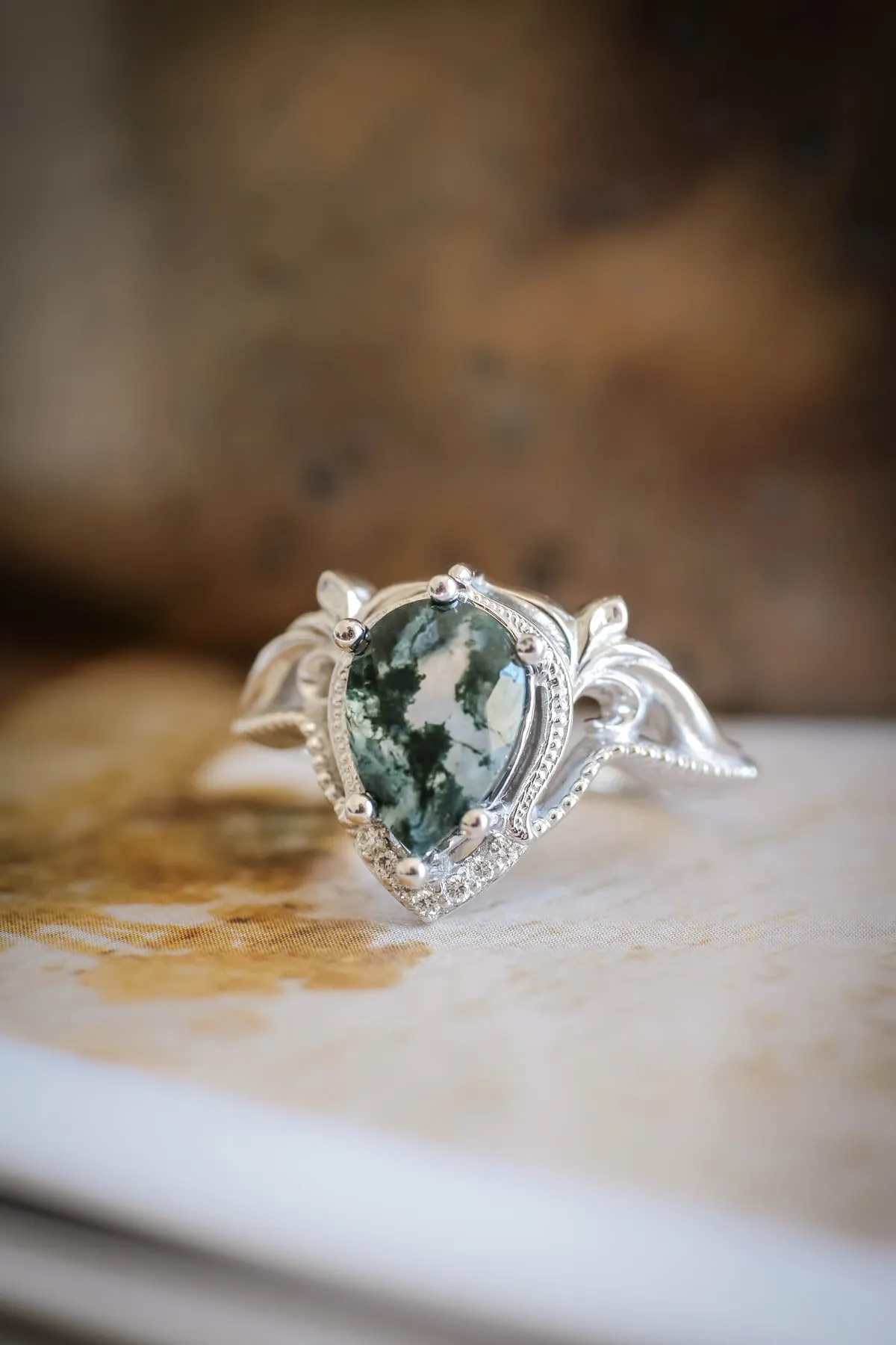 Moss agate white gold ring, one of a kind engagement ring / Lida